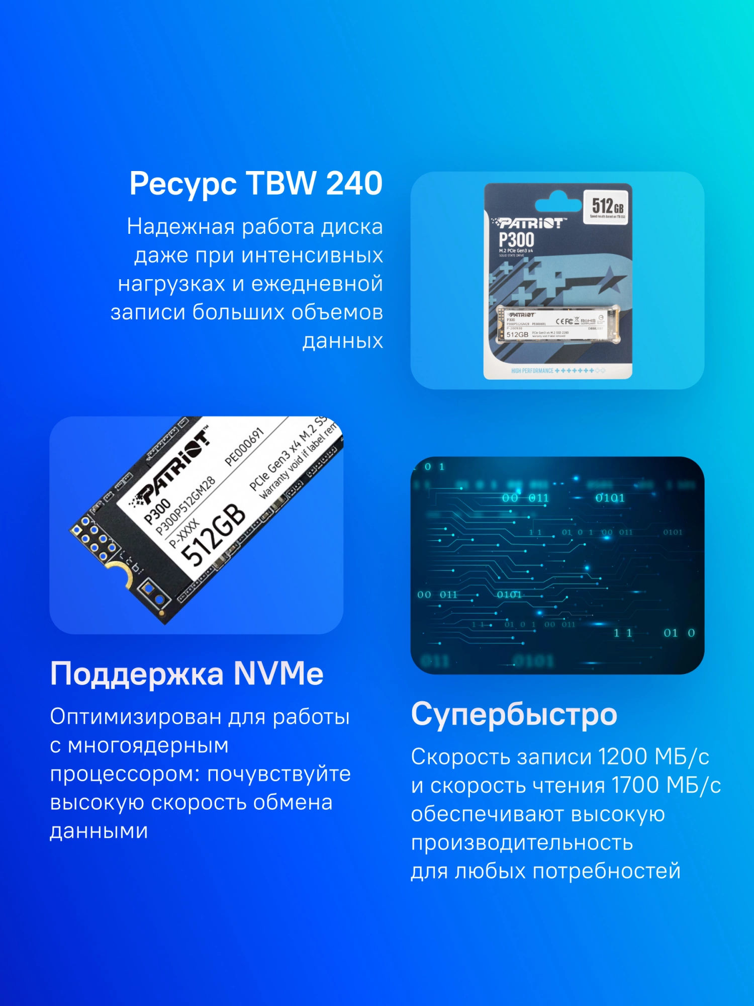 Накопитель SSD Patriot PCIe 3.0 x4 512GB P300P512GM28 P300 M.2 2280