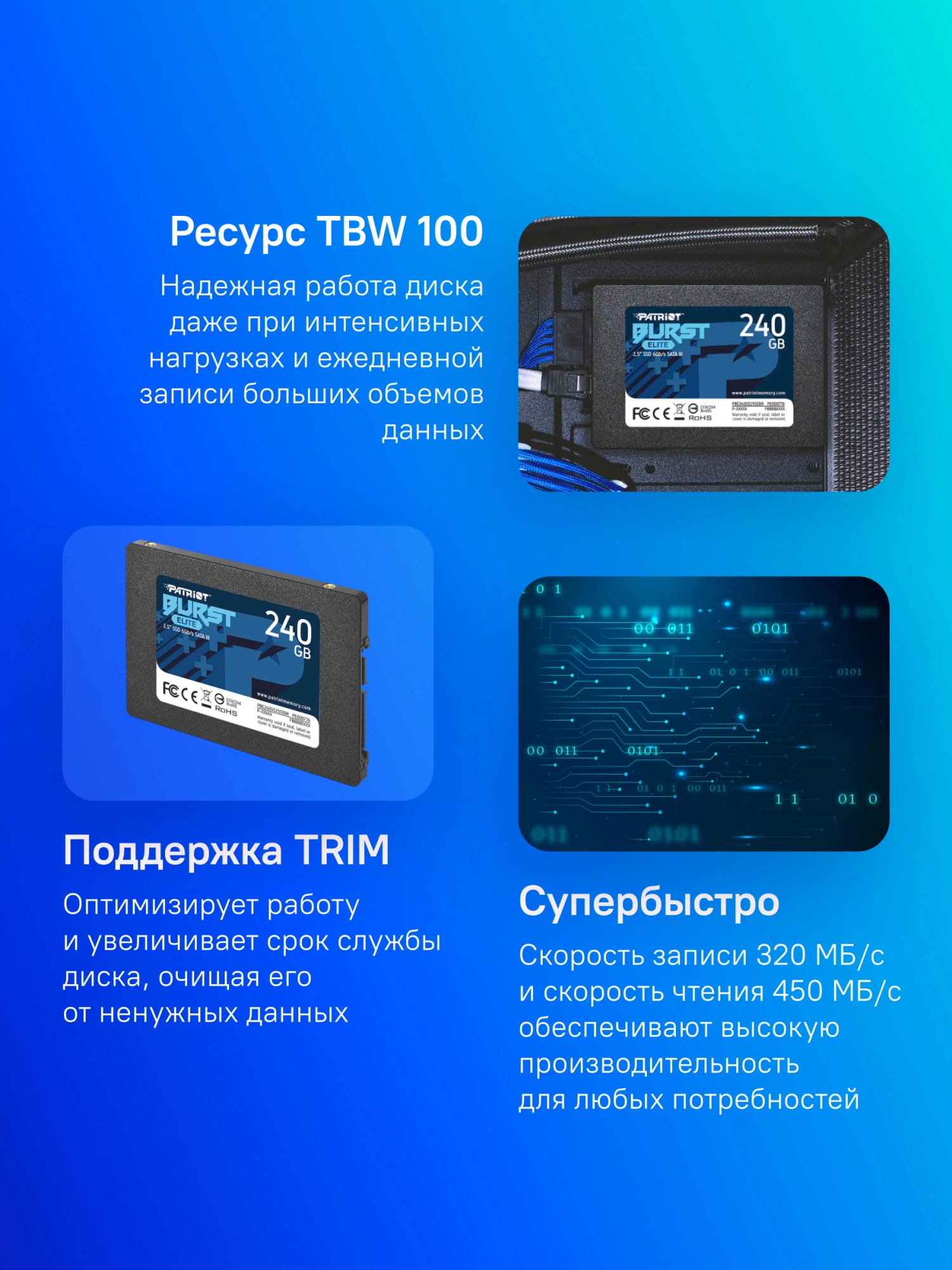 Накопитель SSD Patriot SATA-III 240GB PBE240GS25SSDR Burst Elite 2.5