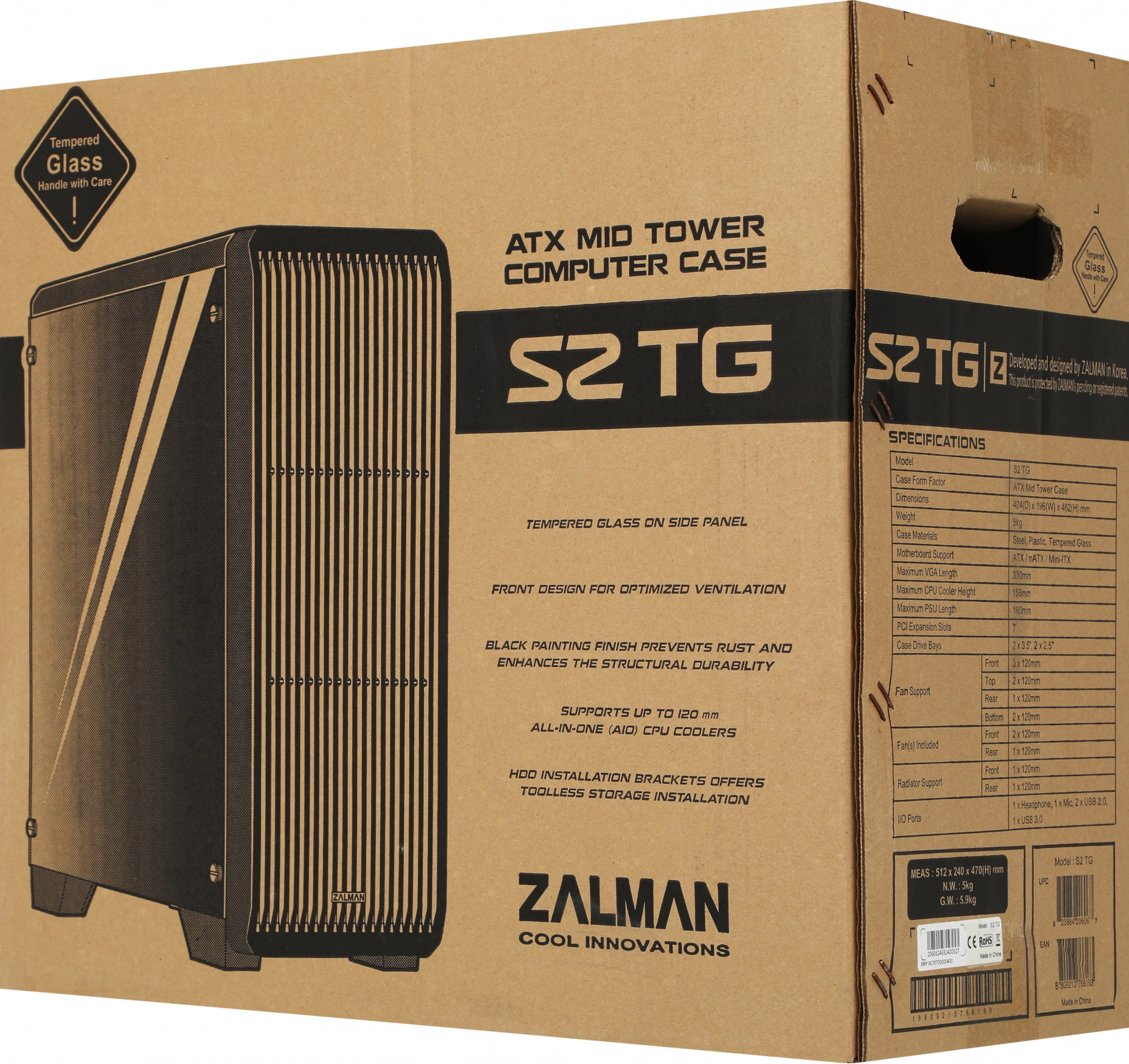 Корпус Zalman S2 TG черный без БП ATX 4x120mm 2xUSB2.0 1xUSB3.0 audio bott PSU