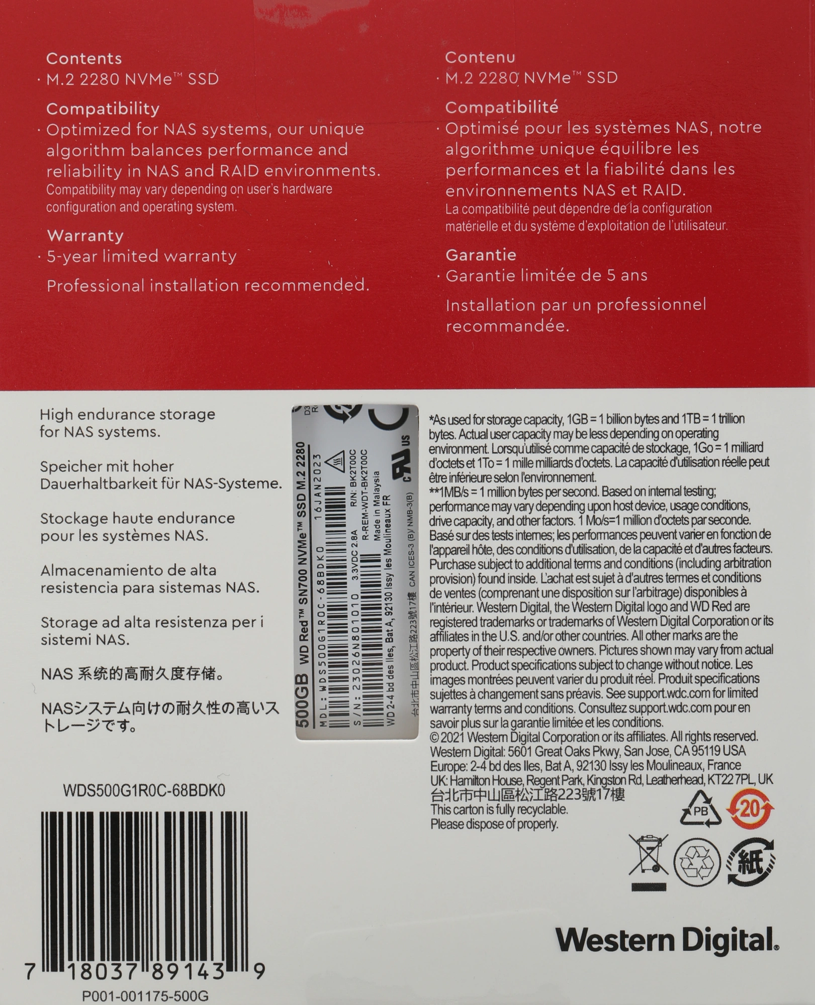Накопитель SSD WD Original PCIe 3.0 x4 500GB WDS500G1R0C Red SN700 M.2 2280