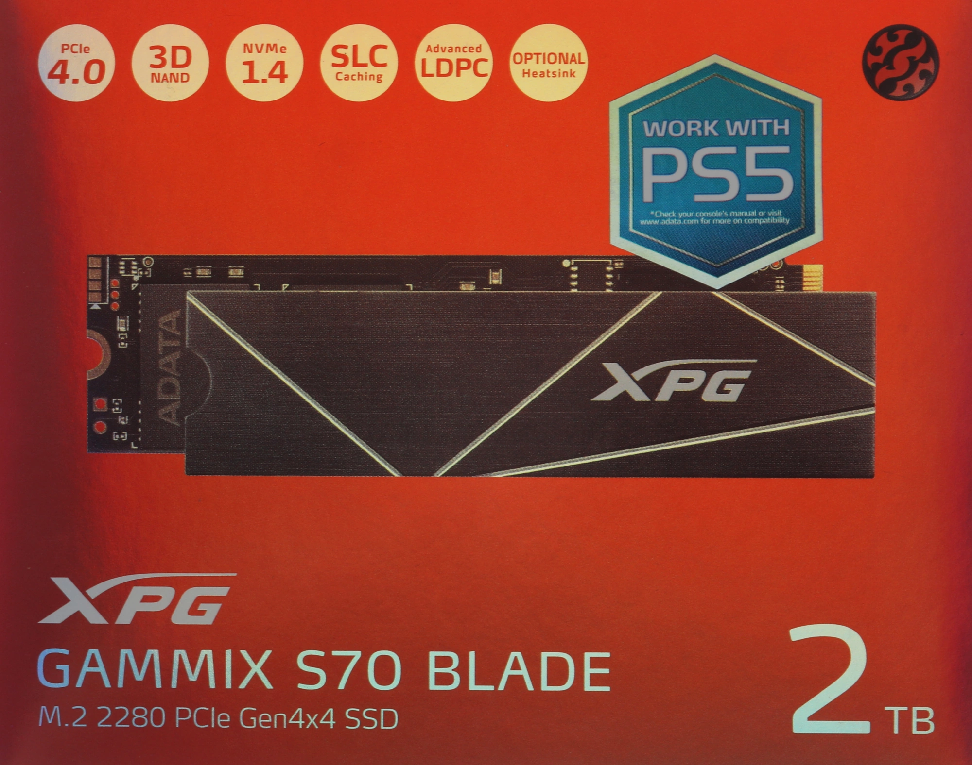 Накопитель SSD A-Data PCIe 4.0 x4 2TB AGAMMIXS70B-2T-CS XPG Gammix S70 Blade M.2 2280