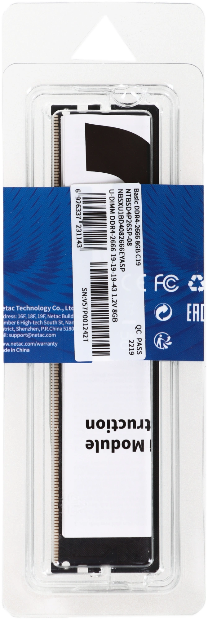 Память DDR4 8Gb 2666MHz Netac NTBSD4P26SP-08 Basic RTL PC4-21300 CL19 DIMM 288-pin 1.2В single rank Ret