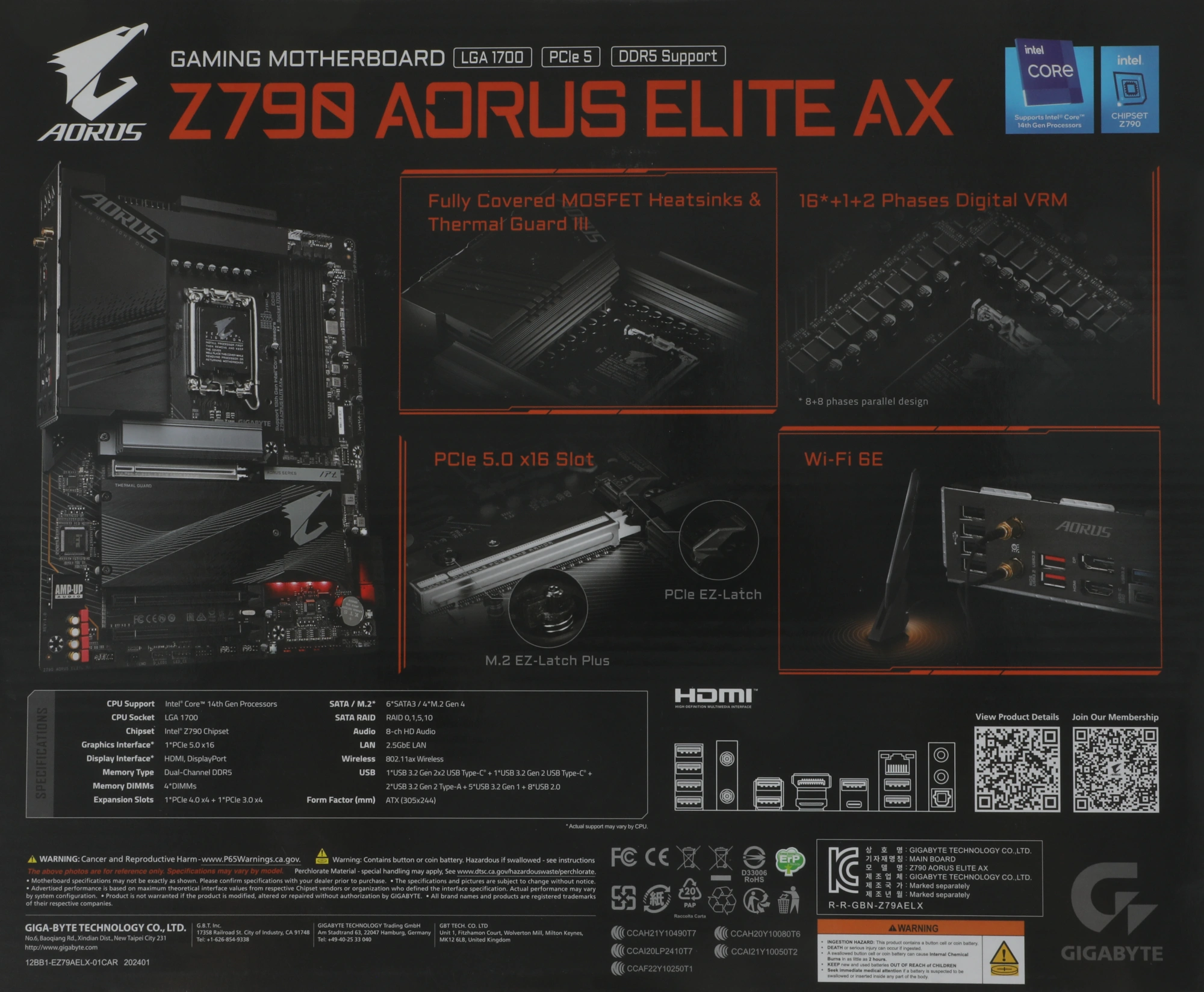 Материнская плата Gigabyte Z790 AORUS ELITE AX Soc-1700 Intel Z790 4xDDR5 ATX AC`97 8ch(7.1) 2.5Gg RAID+HDMI+DP