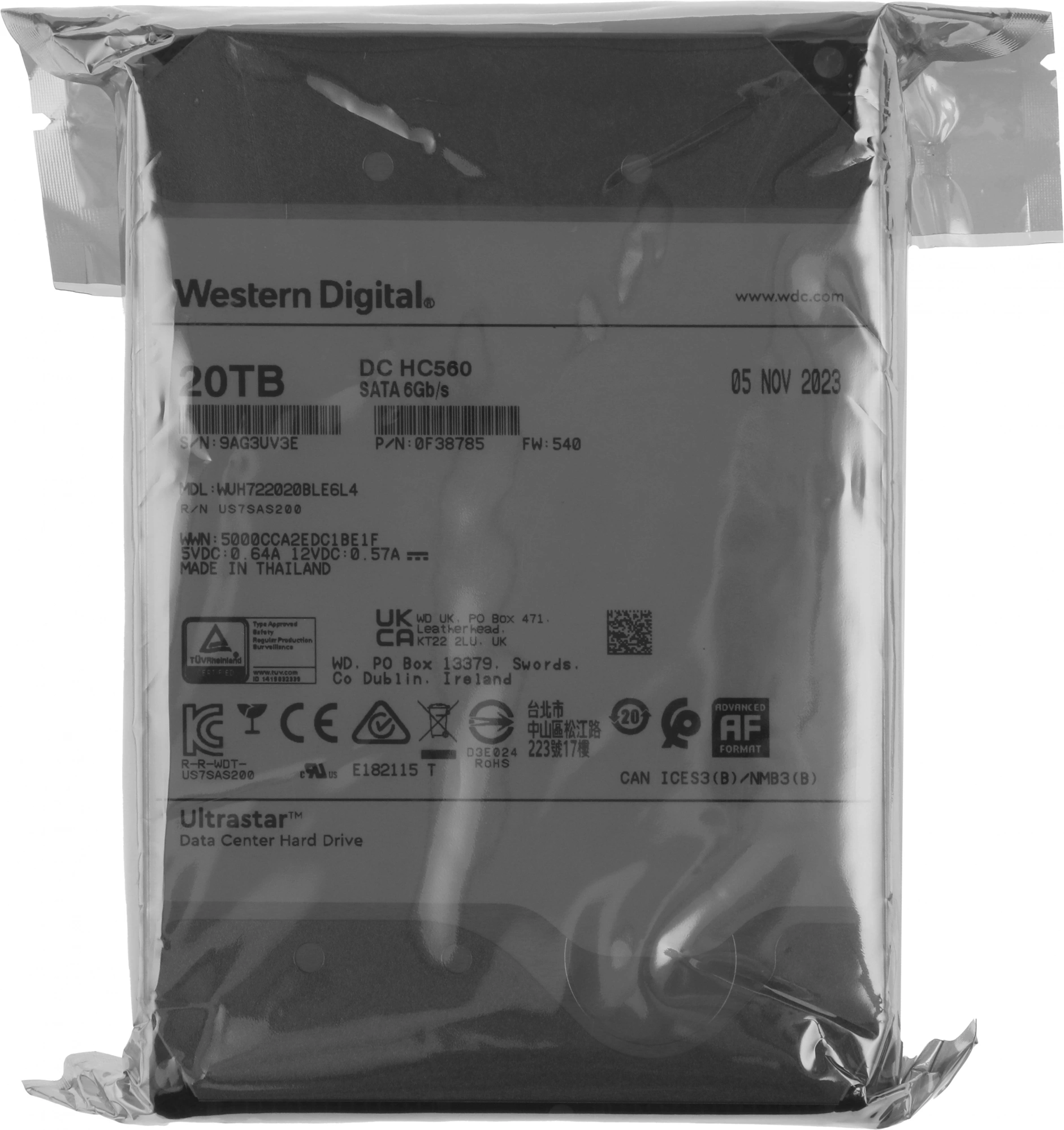 Жесткий диск WD SATA-III 20TB 0F38785/0F38643 WUH722020BLE6L4 Server Ultrastar DC HC560 512E (7200rpm) 512Mb 3.5