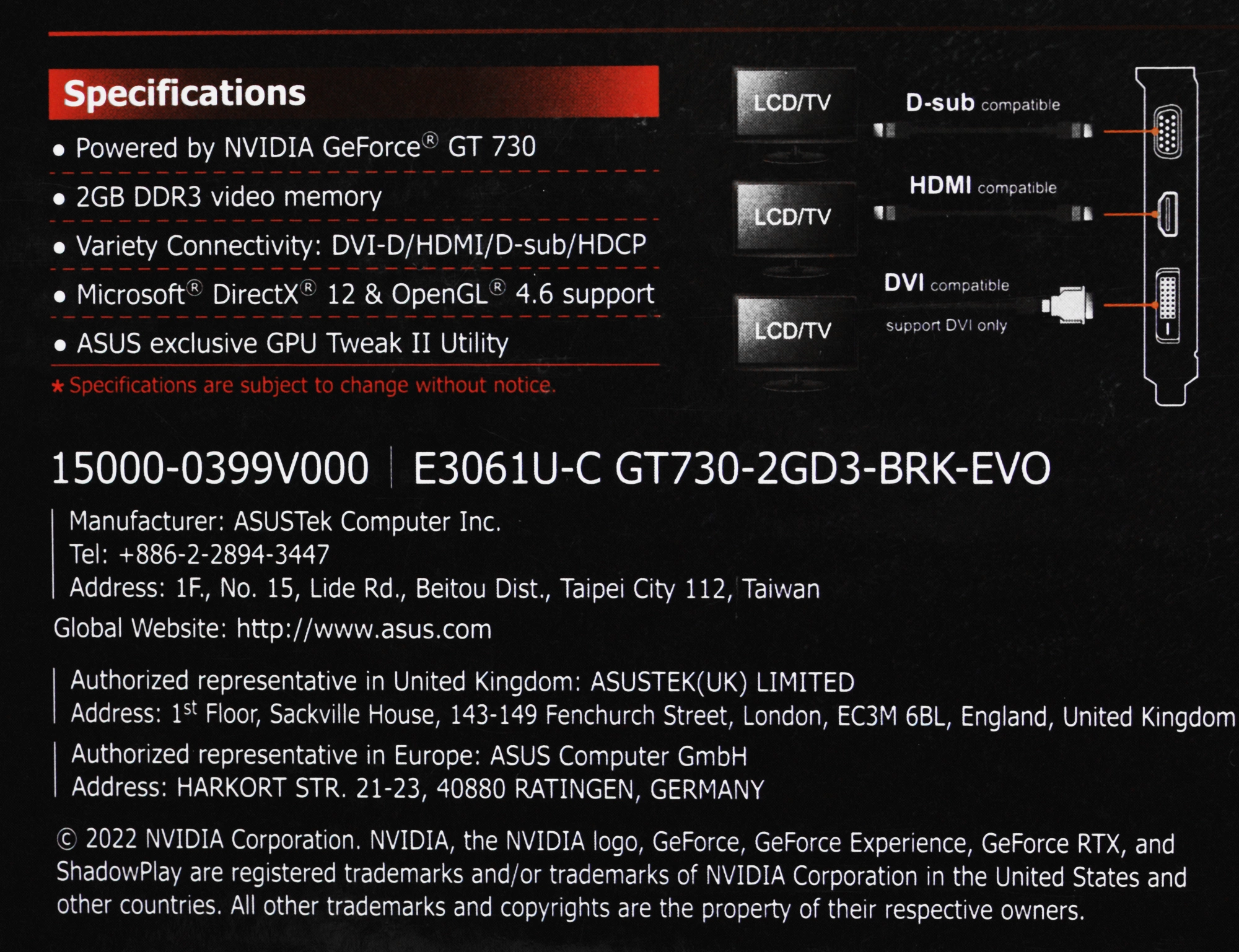 Видеокарта Asus PCI-E 2.0 GT730-2GD3-BRK-EVO NVIDIA GeForce GT 730 2Gb 64bit DDR3 902/1800 DVIx1 HDMIx1 CRTx1 HDCP Ret