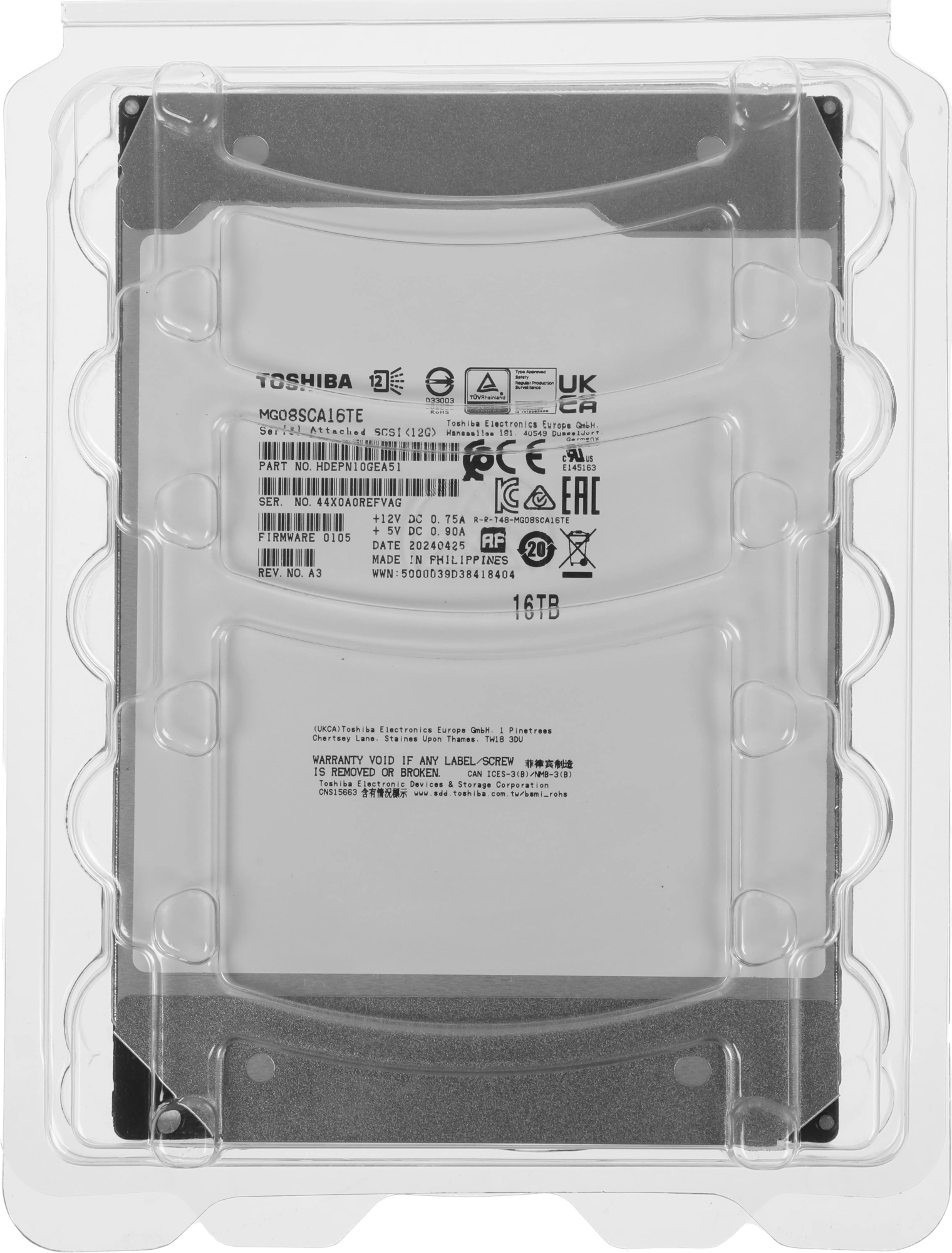 Жесткий диск Toshiba SAS 3.0 16Tb MG08SCA16TE Server 512E (7200rpm) 512Mb 3.5