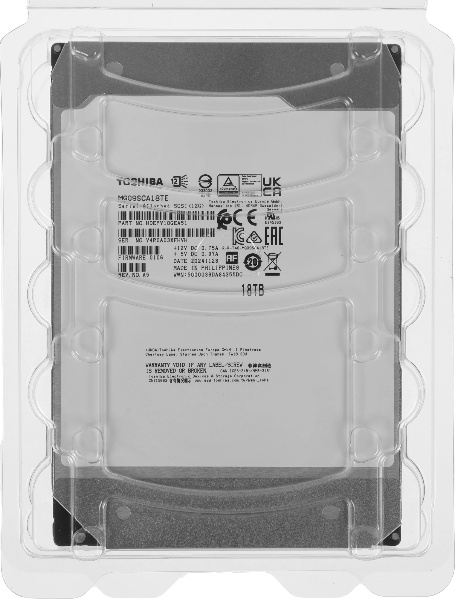 Жесткий диск Toshiba SAS 3.0 18TB MG09SCA18TE Server Enterprise Capacity 512E (7200rpm) 512Mb 3.5