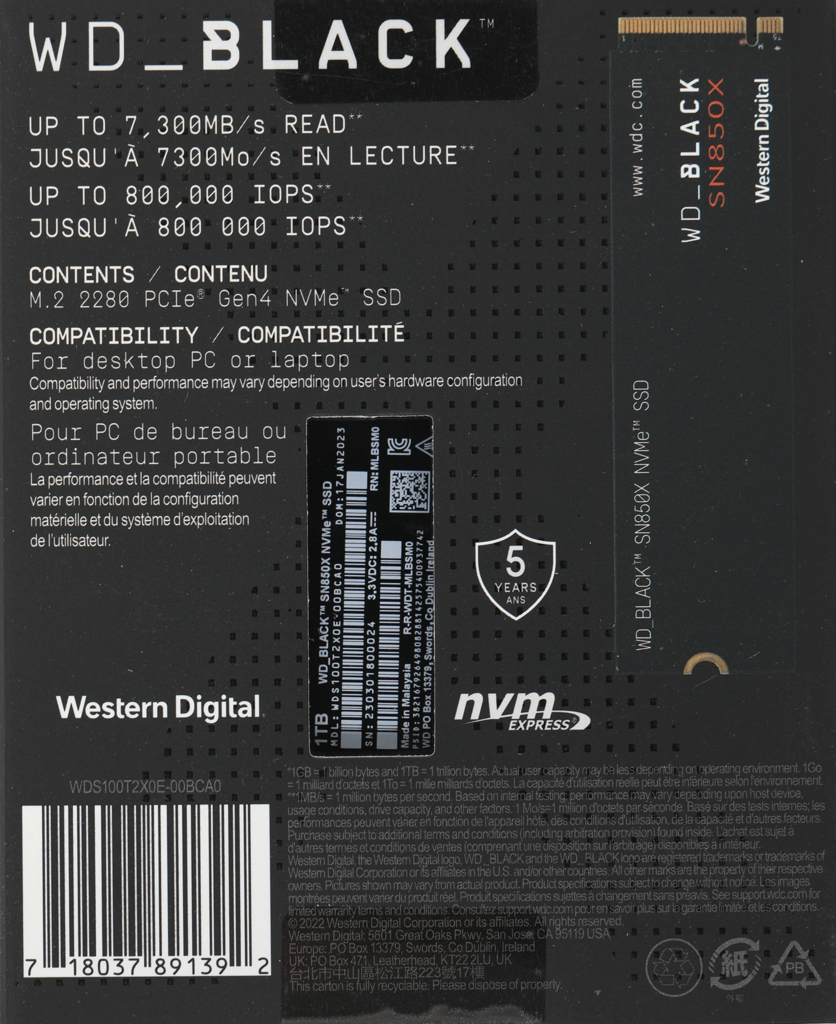Накопитель SSD WD PCIe 4.0 x4 1TB WDS100T2X0E Black SN850X M.2 2280