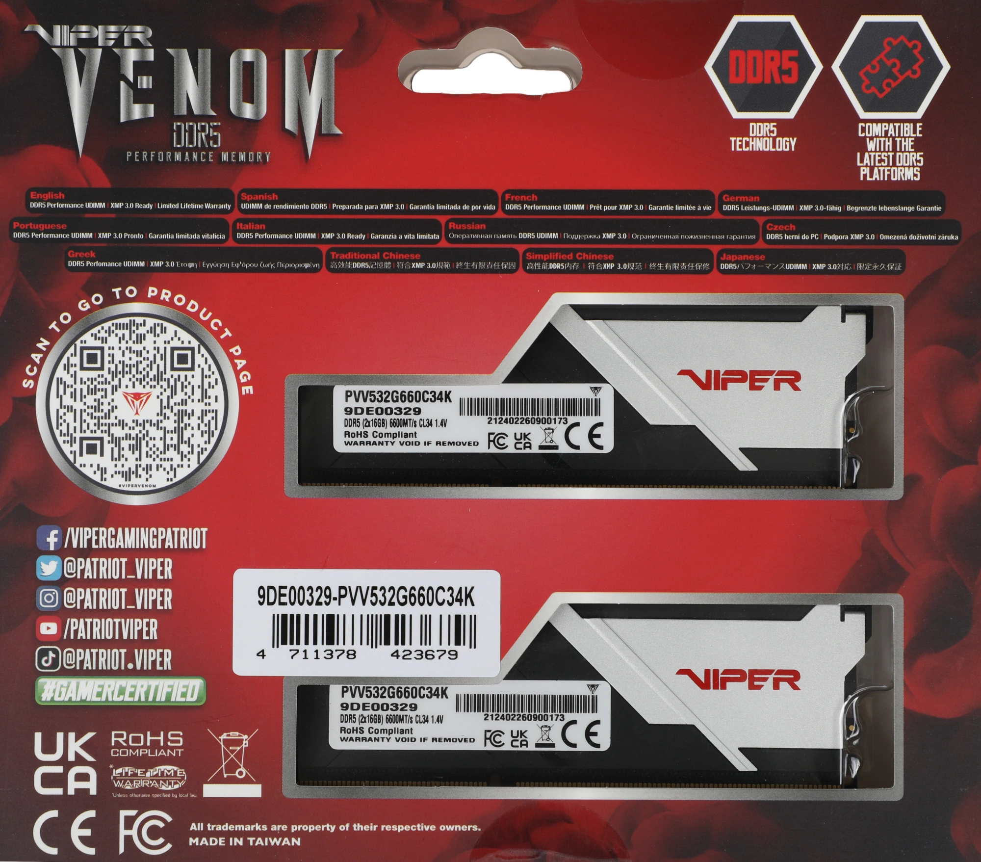 Память DDR5 2x16Gb 6600MHz Patriot PVV532G660C34K Viper Venom RTL Gaming PC5-52800 CL34 DIMM 288-pin 1.4В kit с радиатором Ret