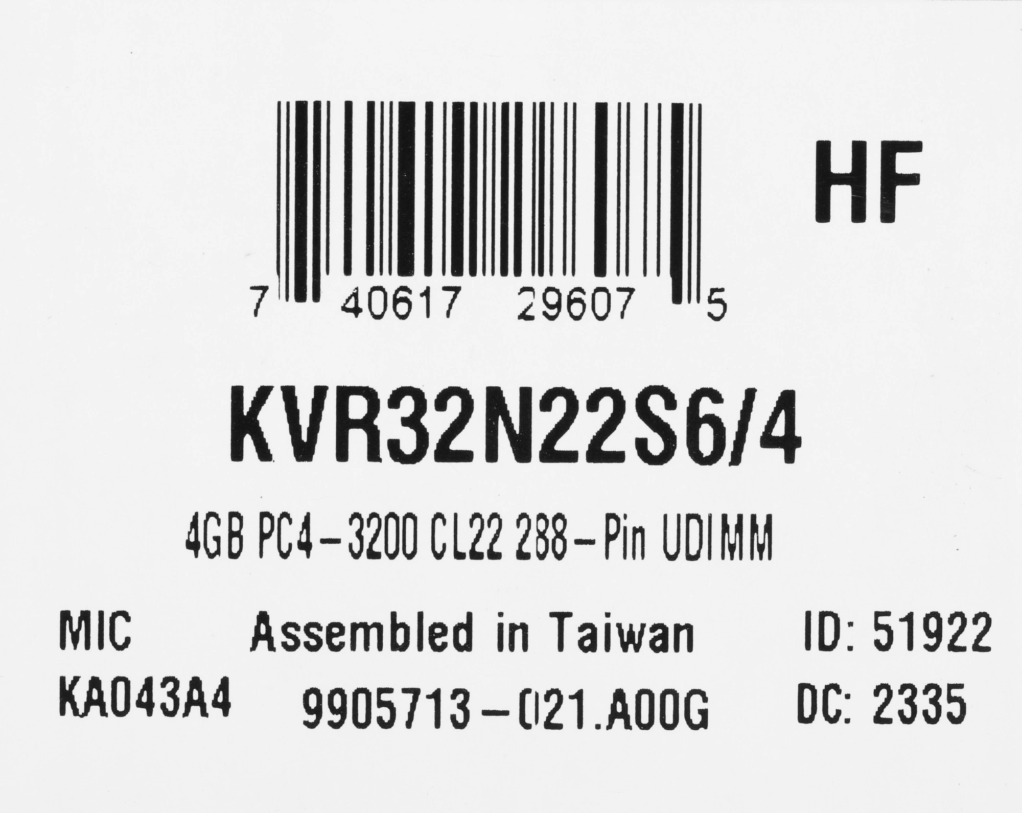 Память DDR4 4Gb 3200MHz Kingston KVR32N22S6/4 VALUERAM RTL PC4-25600 CL22 DIMM 288-pin 1.2В single rank Ret