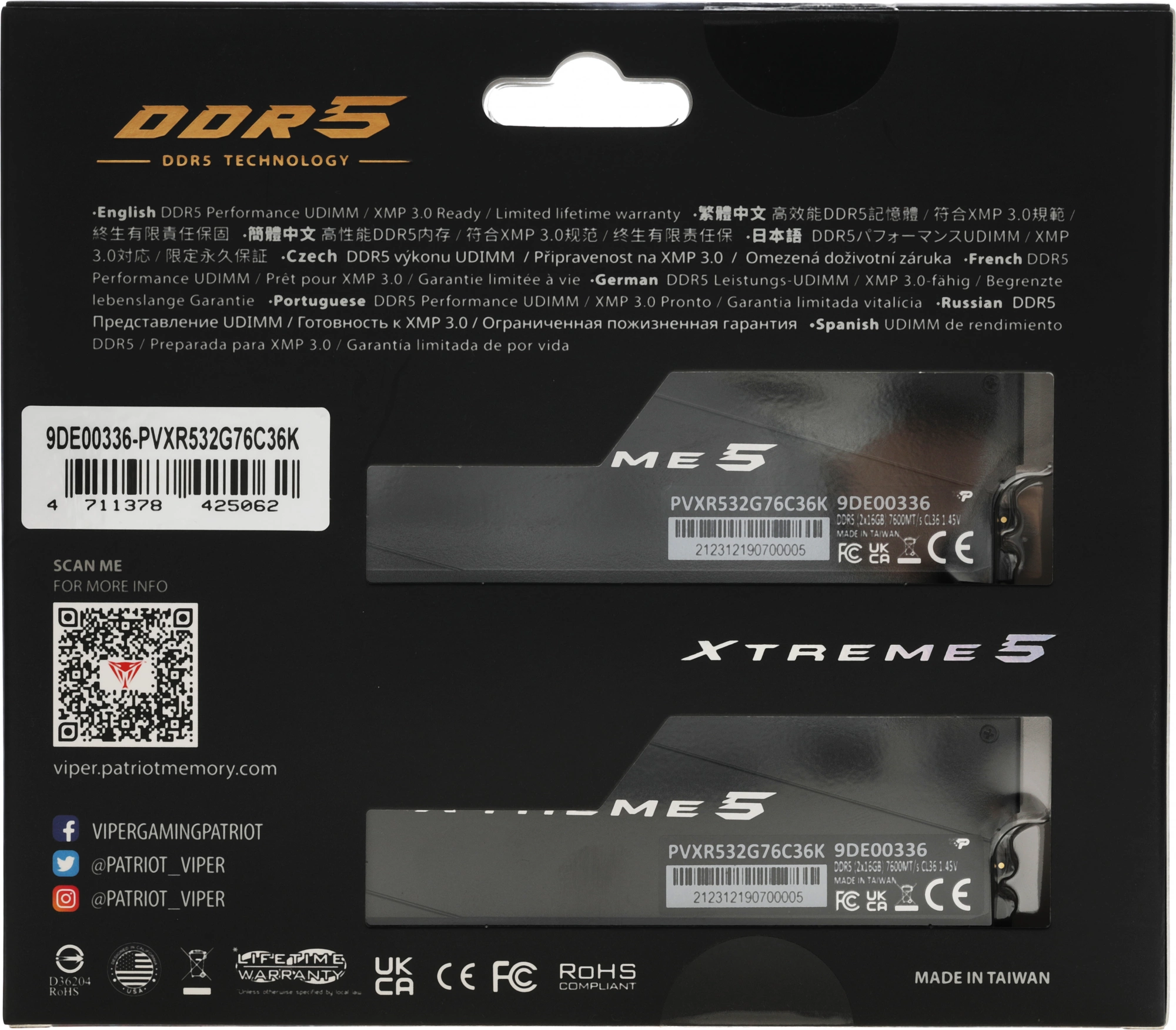 Память DDR5 2x16Gb 7600MHz Patriot PVXR532G76C36K Viper XTREME RGB RTL Gaming PC5-60800 CL36 DIMM 288-pin 1.45В с радиатором Ret