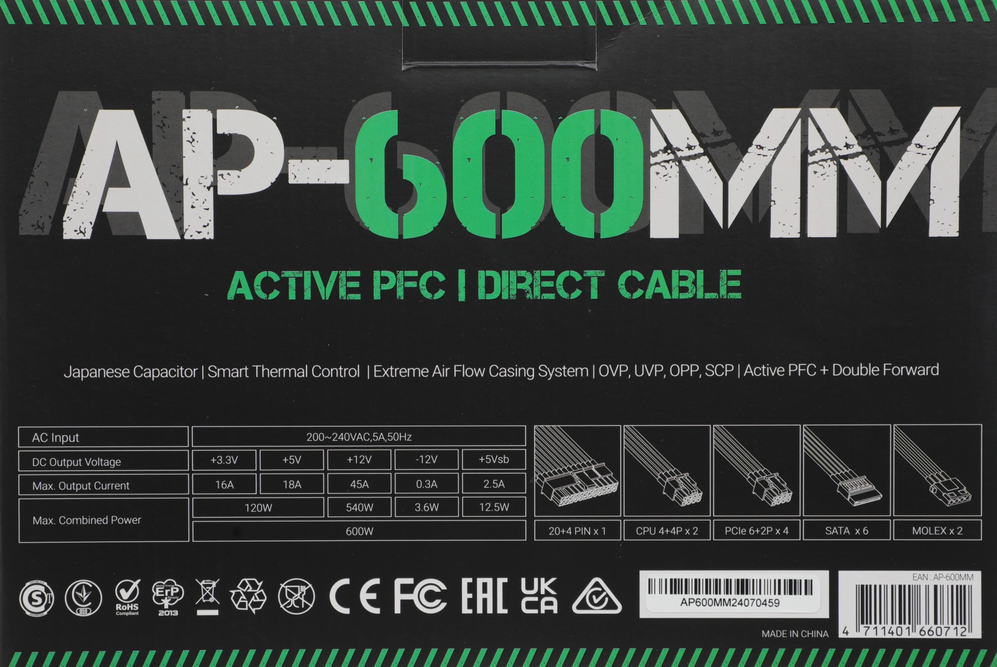 Блок питания Formula ATX 600W AP-600ММ 80 PLUS WHITE (20+4pin) APFC 120mm fan 6xSATA RTL