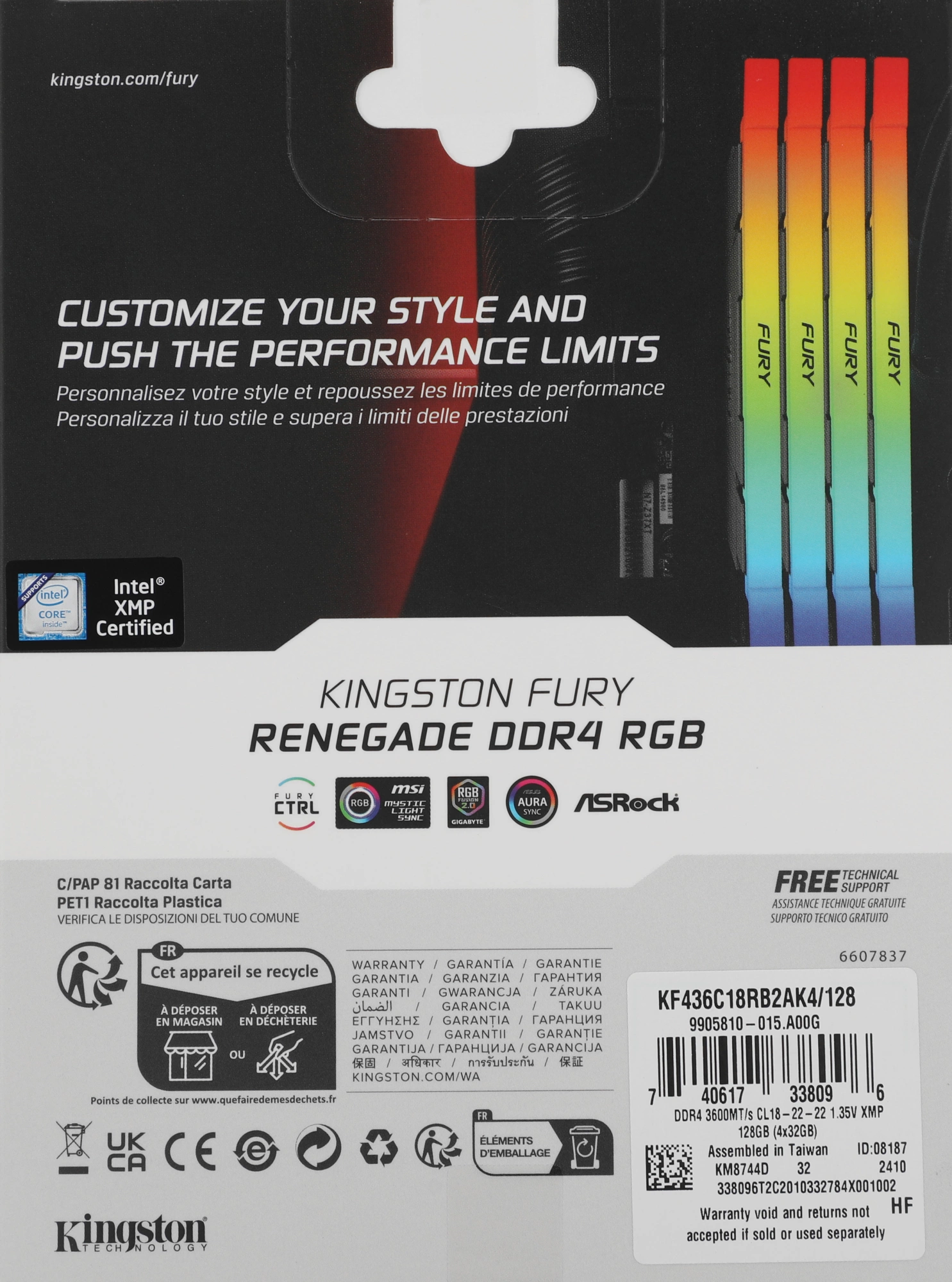 Память DDR4 4x32GB 3600MHz Kingston KF436C18RB2AK4/128 Fury Renegade RGB RTL Gaming PC4-28800 CL18 DIMM 288-pin 1.35В dual rank с радиатором Ret