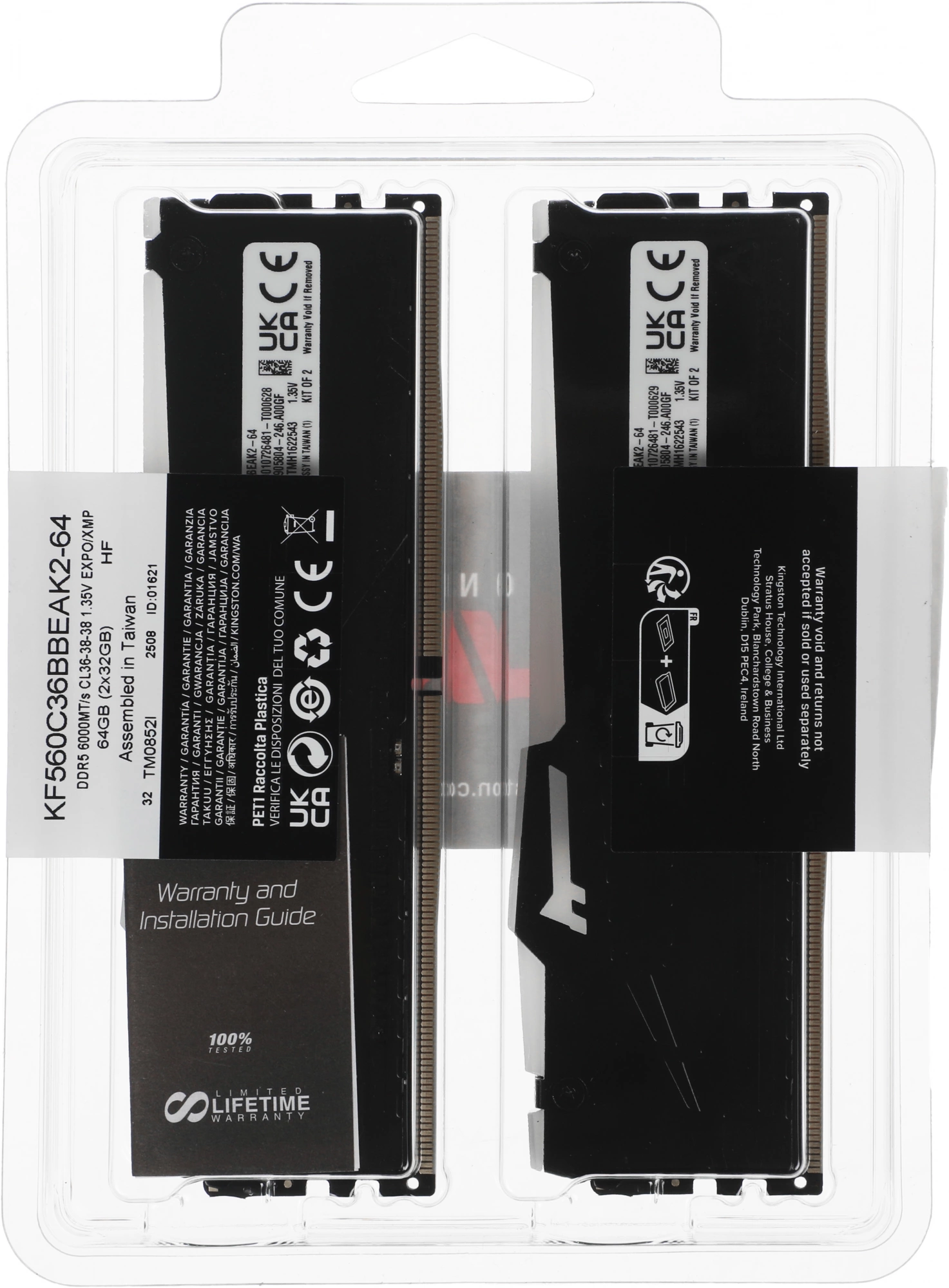 Память DDR5 2x32GB 6000MHz Kingston KF560C36BBEAK2-64 Fury Beast Black RGB RTL Gaming PC5-48000 CL36 DIMM 288-pin 1.35В kit single rank с радиатором Ret