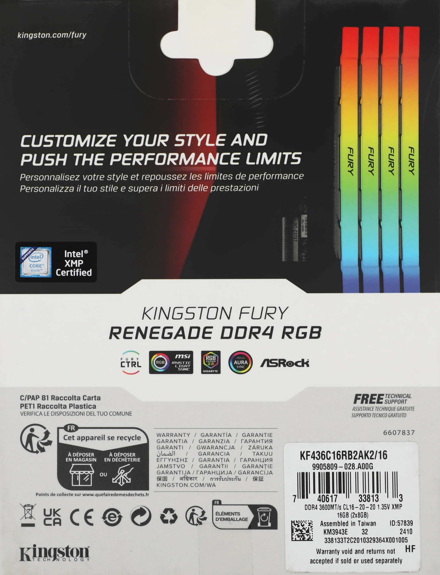 Память DDR4 2x8GB 3600MHz Kingston KF436C16RB2AK2/16 Fury Renegade RGB RTL Gaming PC4-28800 CL16 DIMM 288-pin 1.35В kit dual rank с радиатором Ret