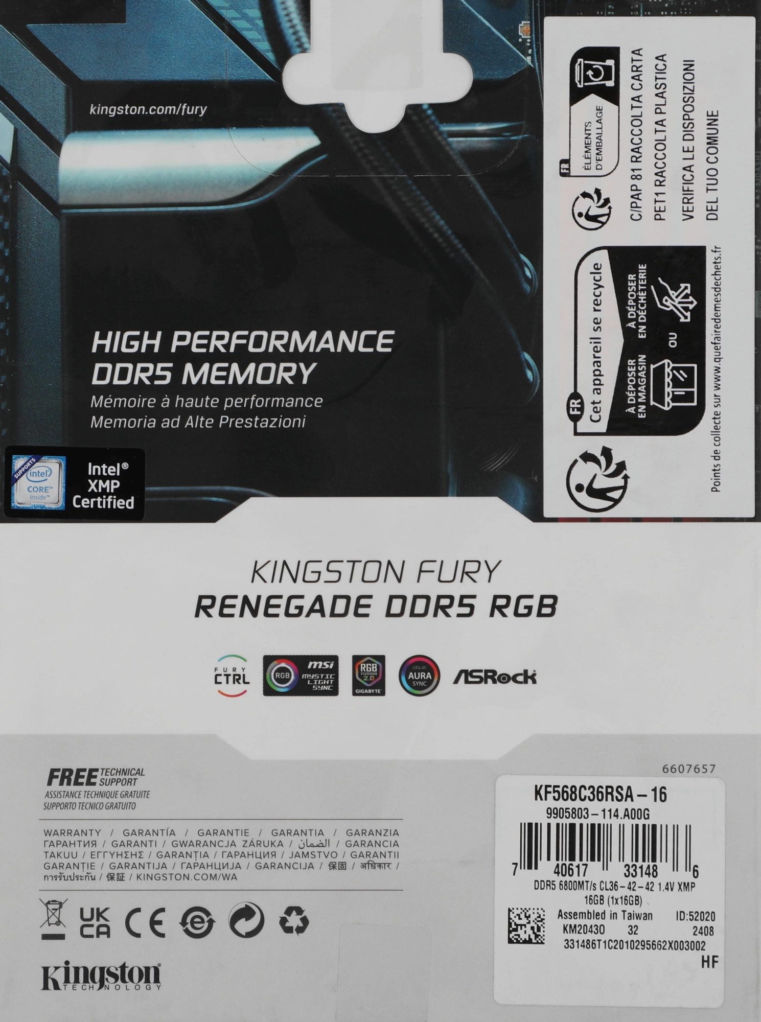 Память DDR5 16GB 6800MHz Kingston KF568C36RSA-16 Fury Renegade Silver XMP RGB RTL Gaming PC5-54400 CL36 DIMM 288-pin 1.4В kit с радиатором Ret