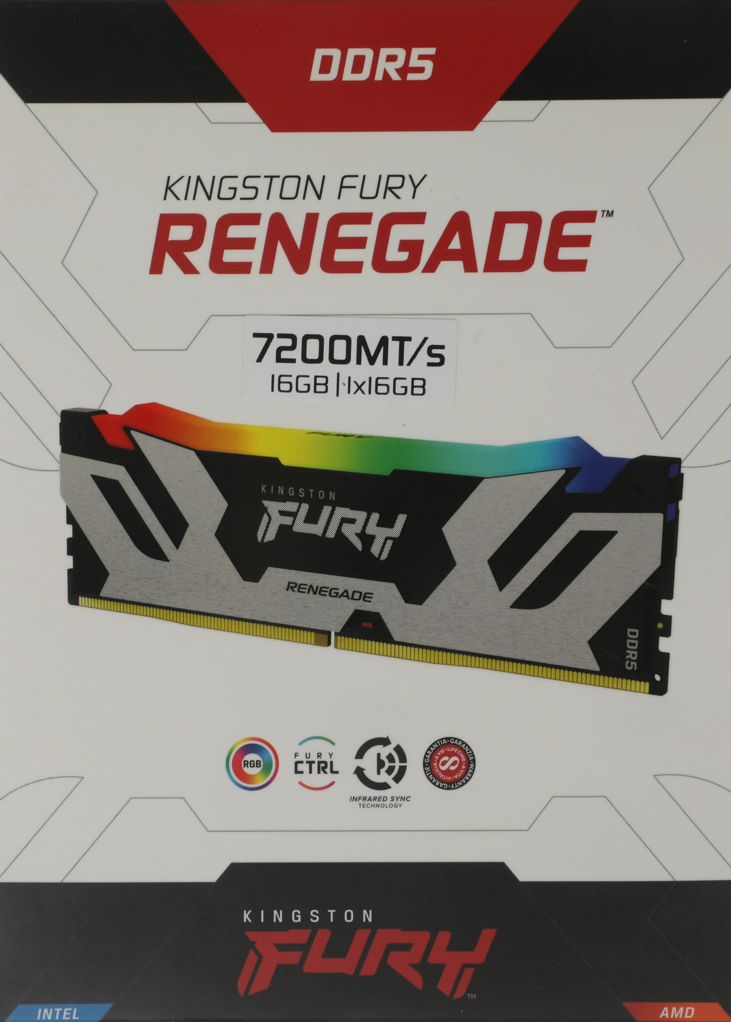 Память DDR5 16GB 7200MHz Kingston KF572C38RSA-16 Fury Renegade Black RGB RTL Gaming PC5-57600 CL38 DIMM 288-pin 1.45В single rank с радиатором Ret