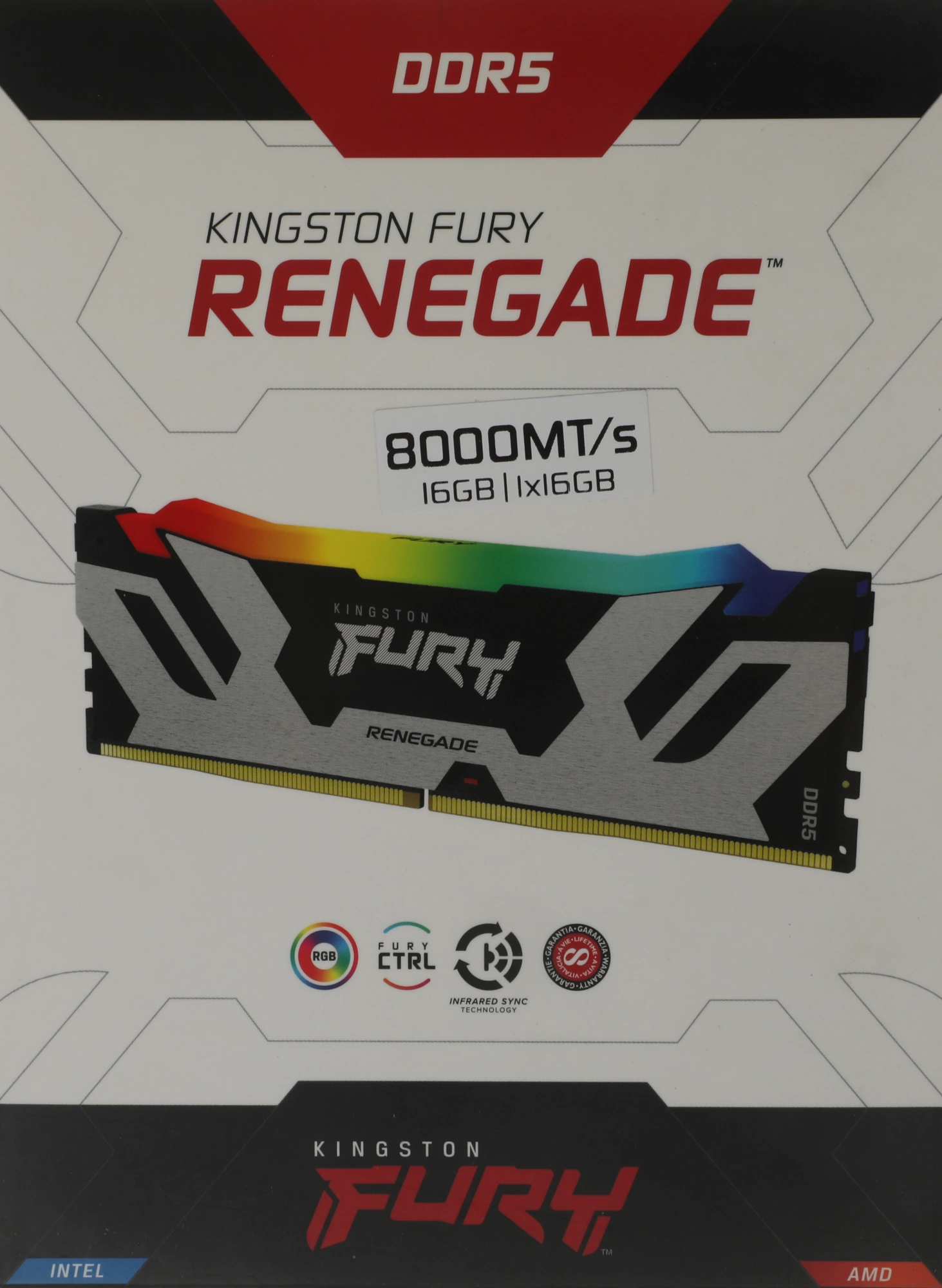 Память DDR5 16GB 8000MHz Kingston KF580C38RSA-16 Fury Renegade RGB RTL Gaming PC5-64000 CL38 DIMM 288-pin 1.45В single rank с радиатором Ret