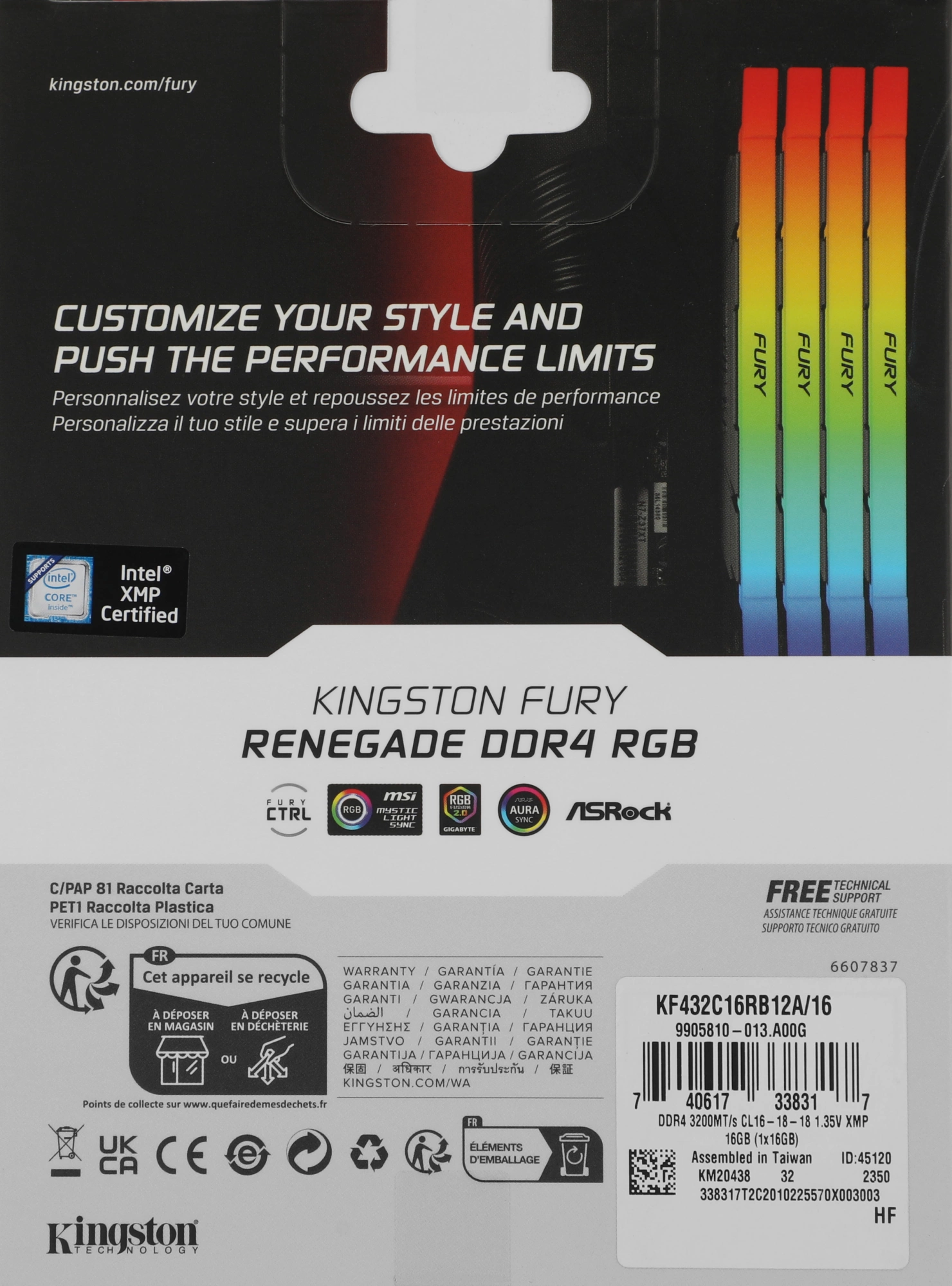 Память DDR4 16GB 3200MHz Kingston KF432C16RB12A/16 Fury Renegade RGB RTL Gaming PC4-25600 CL16 DIMM 288-pin 1.35В dual rank с радиатором Ret