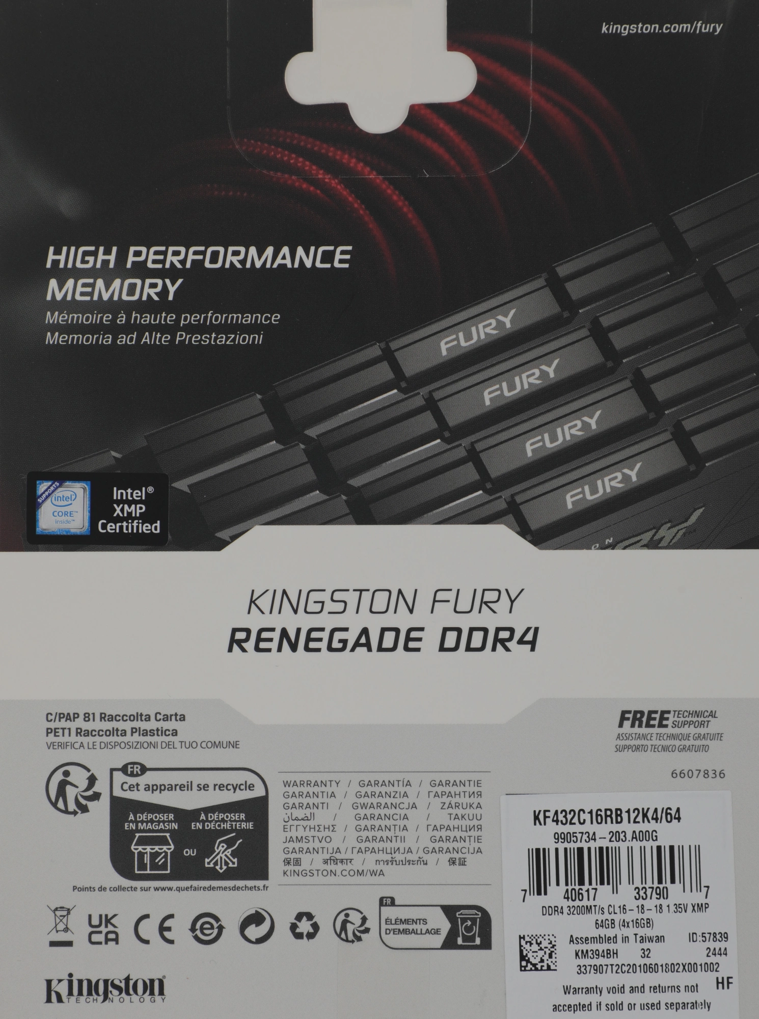 Память DDR4 4x16GB 3200MHz Kingston KF432C16RB12K4/64 Fury Renegade Black RTL Gaming PC4-25600 CL16 DIMM 288-pin 1.35В dual rank с радиатором Ret