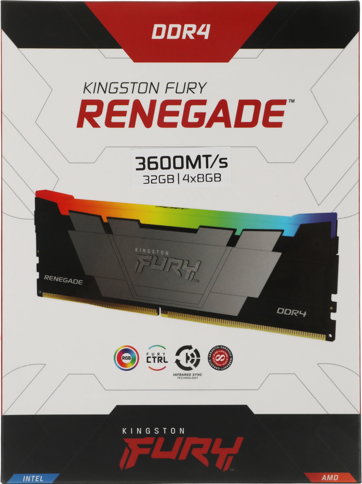 Память DDR4 4x8GB 3600MHz Kingston KF436C16RB2AK4/32 Fury Renegade RGB RTL Gaming PC4-28800 CL16 DIMM 288-pin 1.35В single rank с радиатором Ret