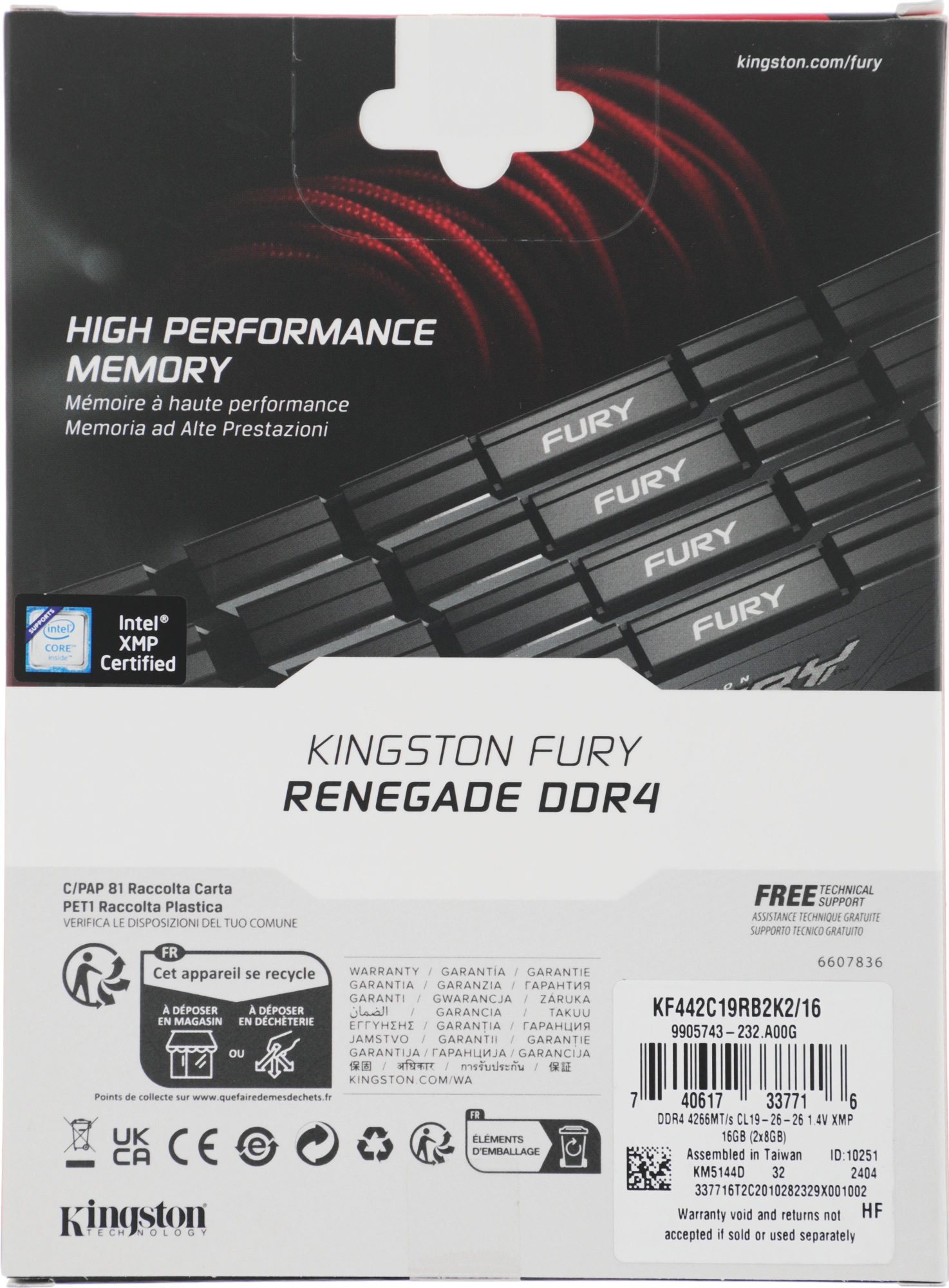 Память DDR4 2x8GB 4266MHz Kingston KF442C19RB2K2/16 Fury Renegade Black RTL Gaming PC4-34100 CL19 DIMM 288-pin 1.4В single rank с радиатором Ret