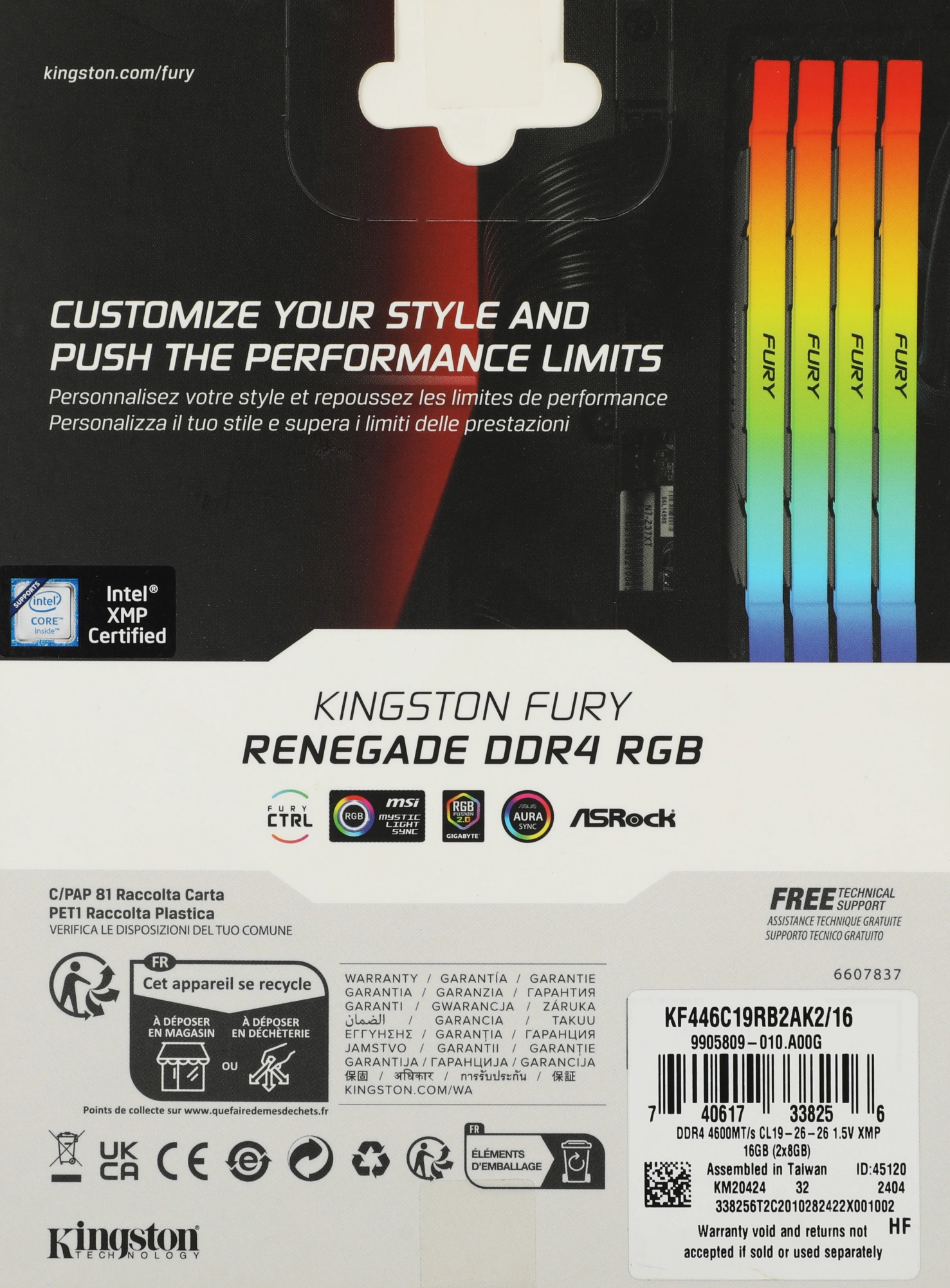 Память DDR4 2x8GB 4600МГц Kingston KF446C19RB2AK2/16 Fury Renegade RGB RTL Gaming PC4-36800 CL19 DIMM 288-pin 1.5В kit single rank с радиатором Ret