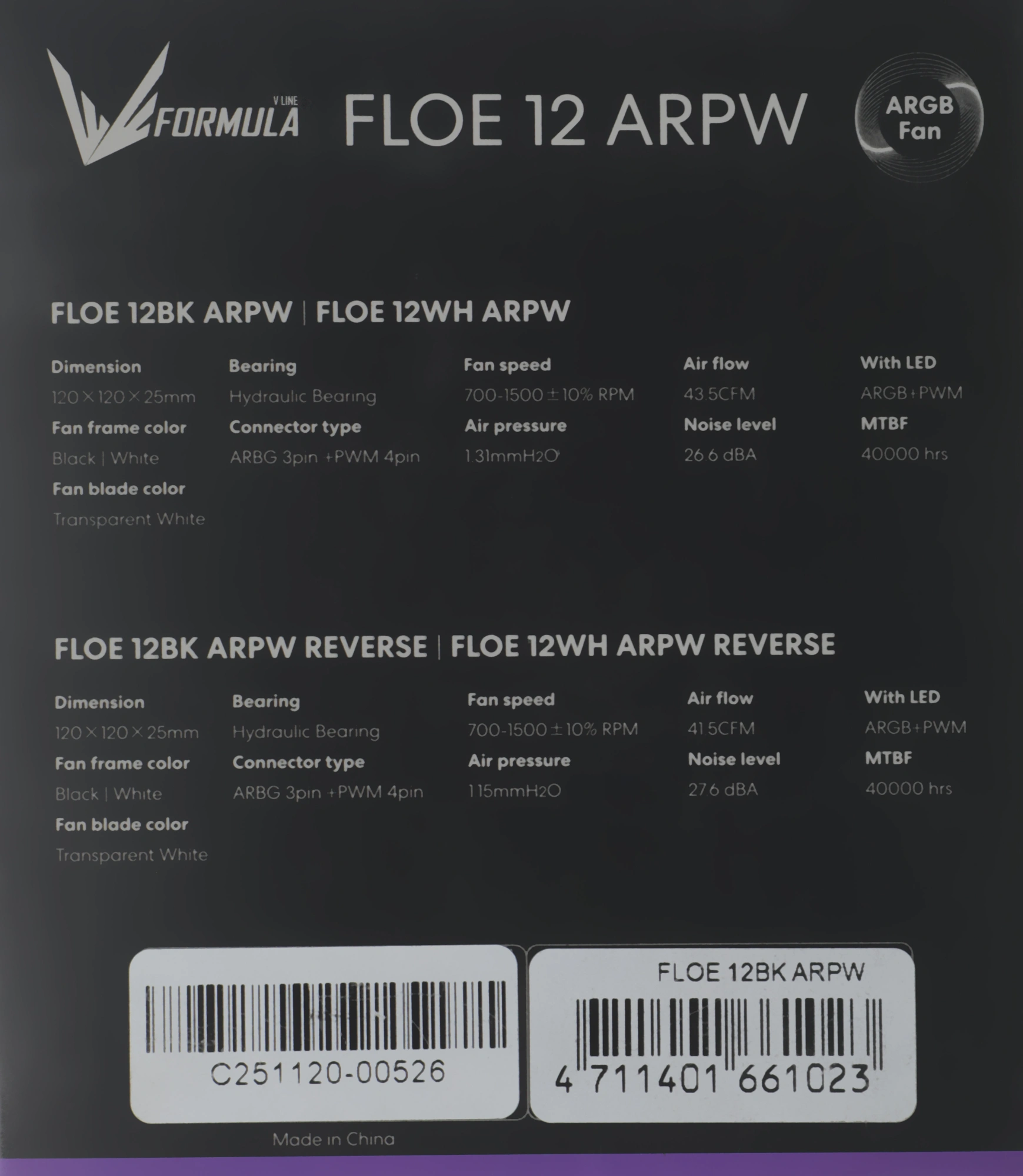 Вентилятор для корпуса Formula Floe 12BK ARGB 120х120x25 черный 4-pin 26.8дБ (FLOE 12BK ARPW) Ret