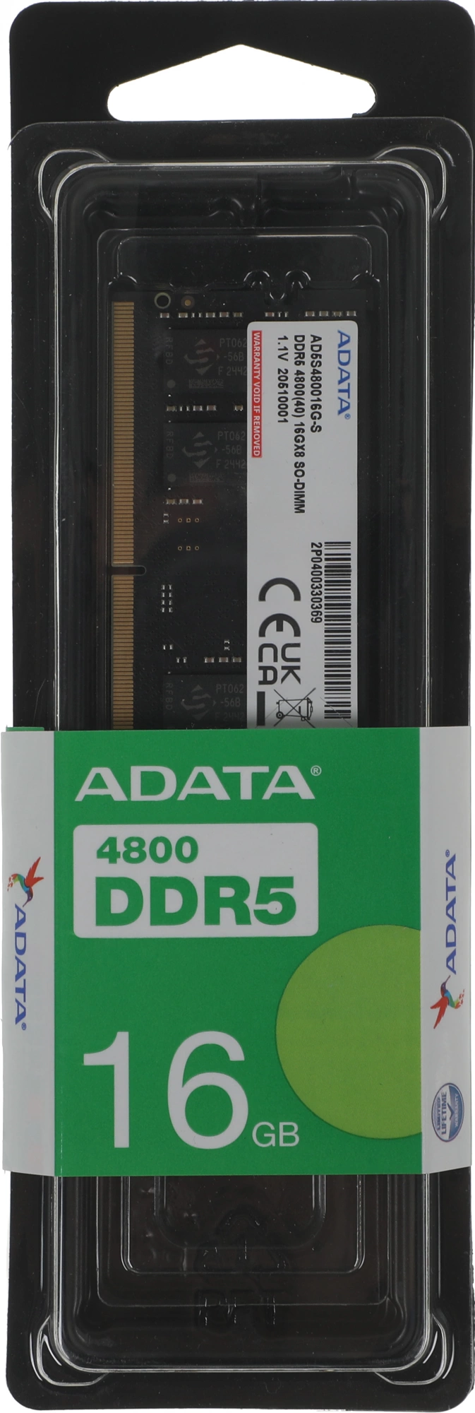Память DDR5 16GB 4800MHz A-Data AD5S480016G-S RTL PC4-38400 CL40 SO-DIMM 262-pin 1.1В Intel single rank Ret