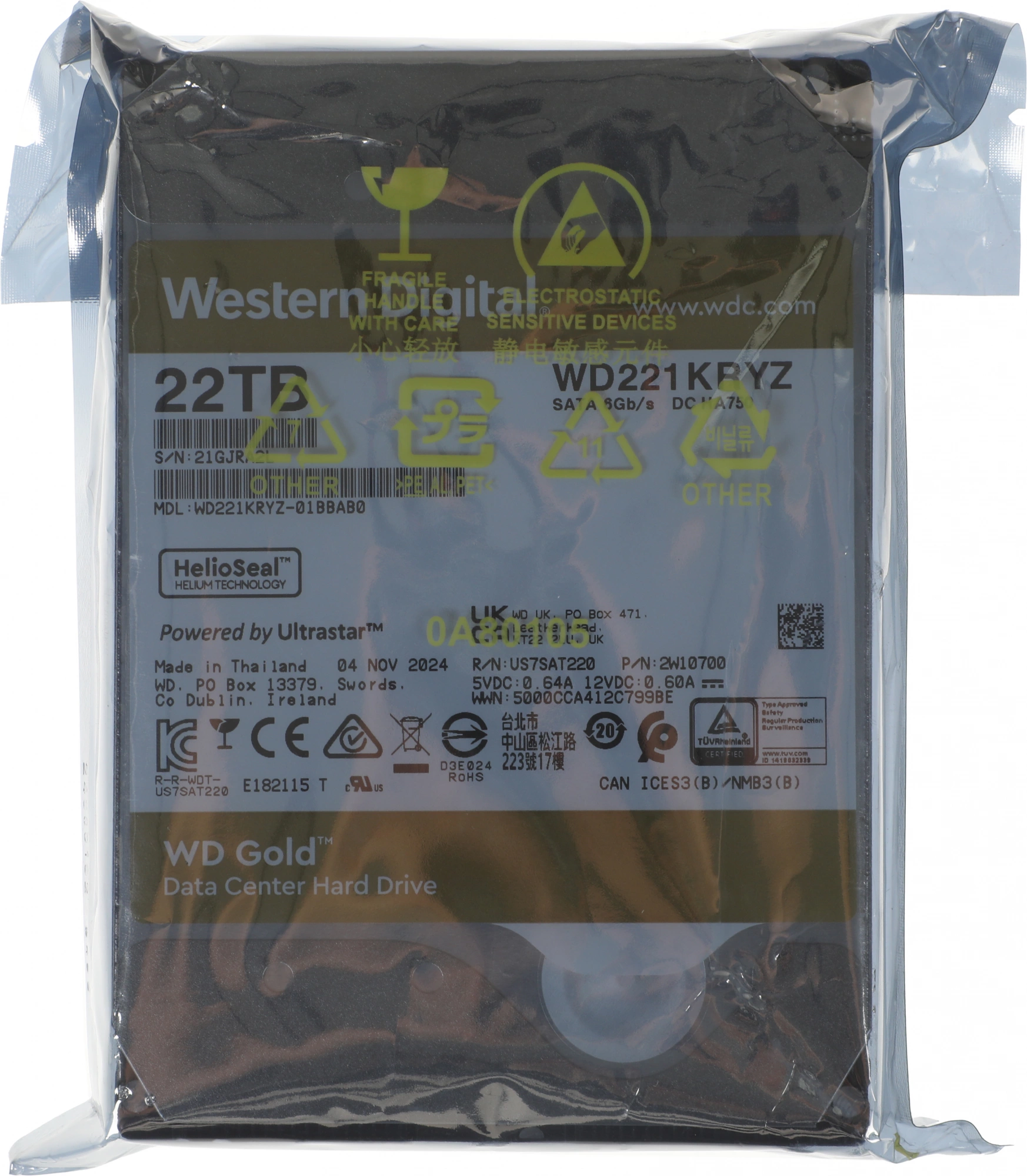 Жесткий диск WD SATA-III 22TB WD221KRYZ Server Gold 512E (7200rpm) 512Mb 3.5