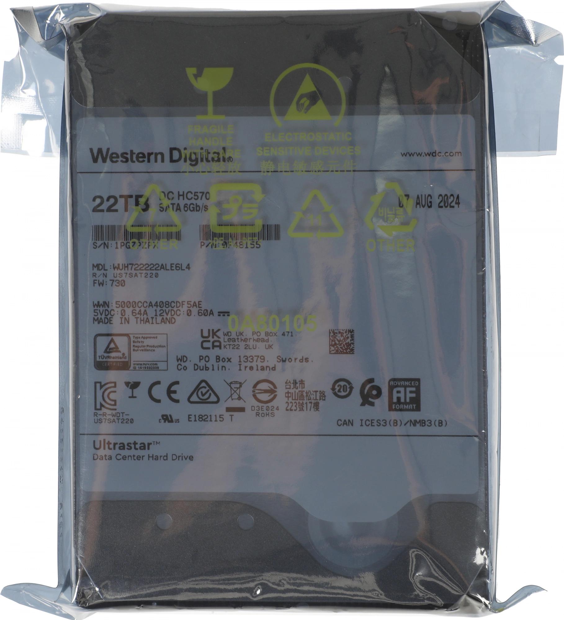 Жесткий диск WD SATA-III 22TB 0F48155 WUH722222ALE6L4 Server Ultrastar DC HC570 512E (7200rpm) 512Mb 3.5