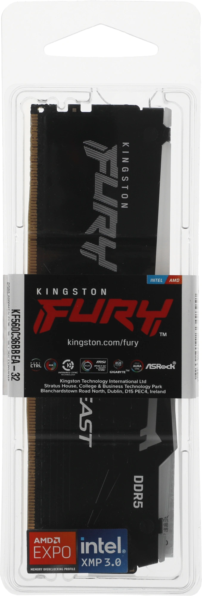 Память DDR5 32GB 6000MHz Kingston KF560C36BBEA-32 Fury Beast Black Expo RGB RTL Gaming PC5-48000 CL36 DIMM 288-pin 1.35В kit dual rank с радиатором Ret