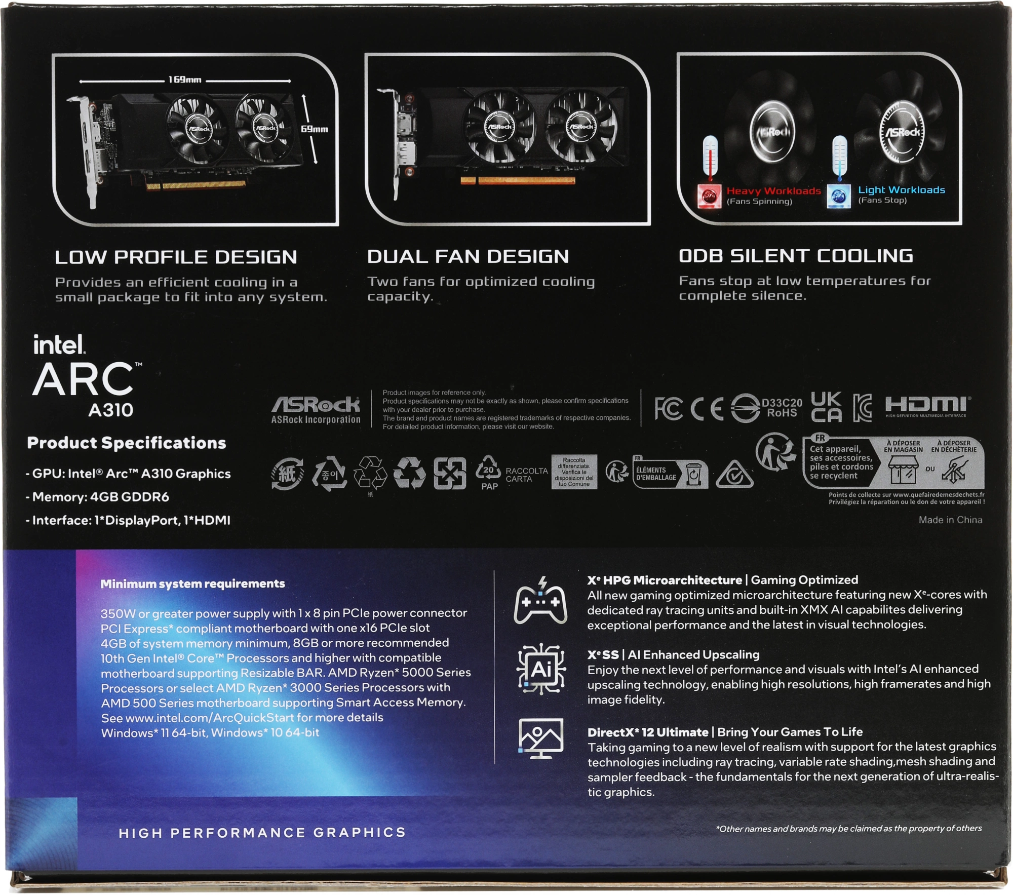Видеокарта Asrock PCI-E 4.0 A310 LP 4G INTEL ARC A310 4Gb 64bit GDDR6 2000/15500 HDMIx1 DPx1 HDCP Ret low profile