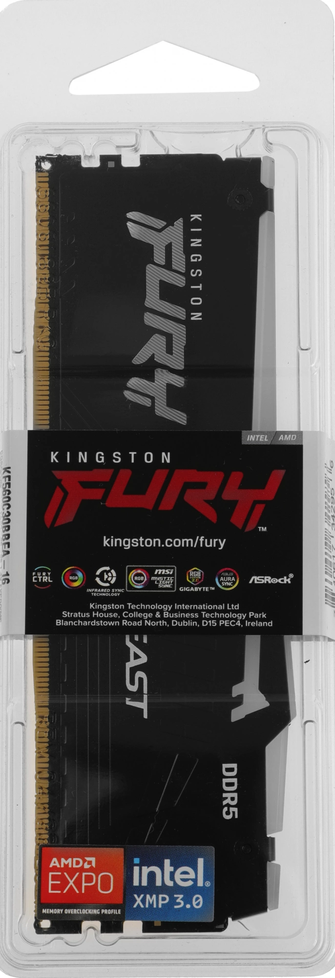 Память DDR5 16GB 6000MHz Kingston KF560C30BBEA-16 Fury Beast Black Expo RGB RTL Gaming PC5-48000 CL30 DIMM 288-pin 1.4В kit single rank с радиатором Ret