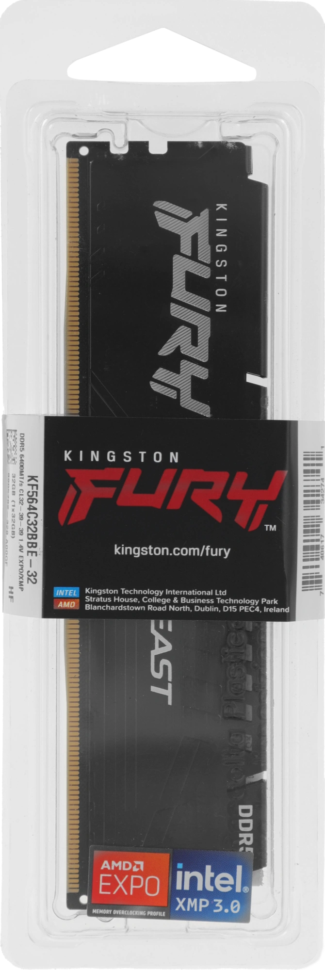 Память DDR5 32GB 6400MHz Kingston KF564C32BBE-32 Fury Beast RTL Gaming PC5-51200 CL32 DIMM 288-pin 1.4В single rank с радиатором Ret