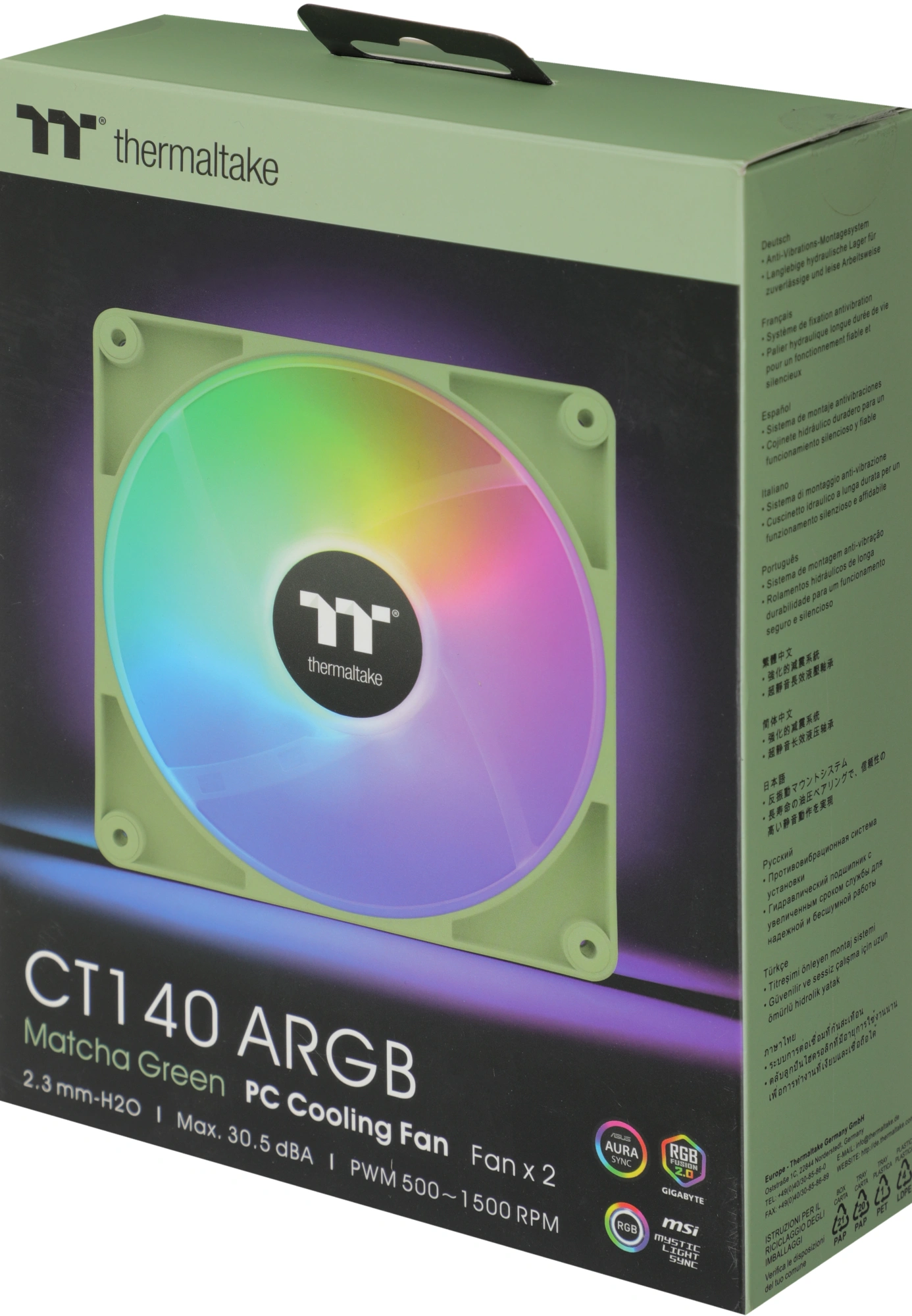 Вентилятор для корпуса Thermaltake CT140 Sync Matcha ARGB 140х140x25 зеленый 4-pin 30.5дБ (упак.:2шт) (CL-F203-PL14MG-A) Ret