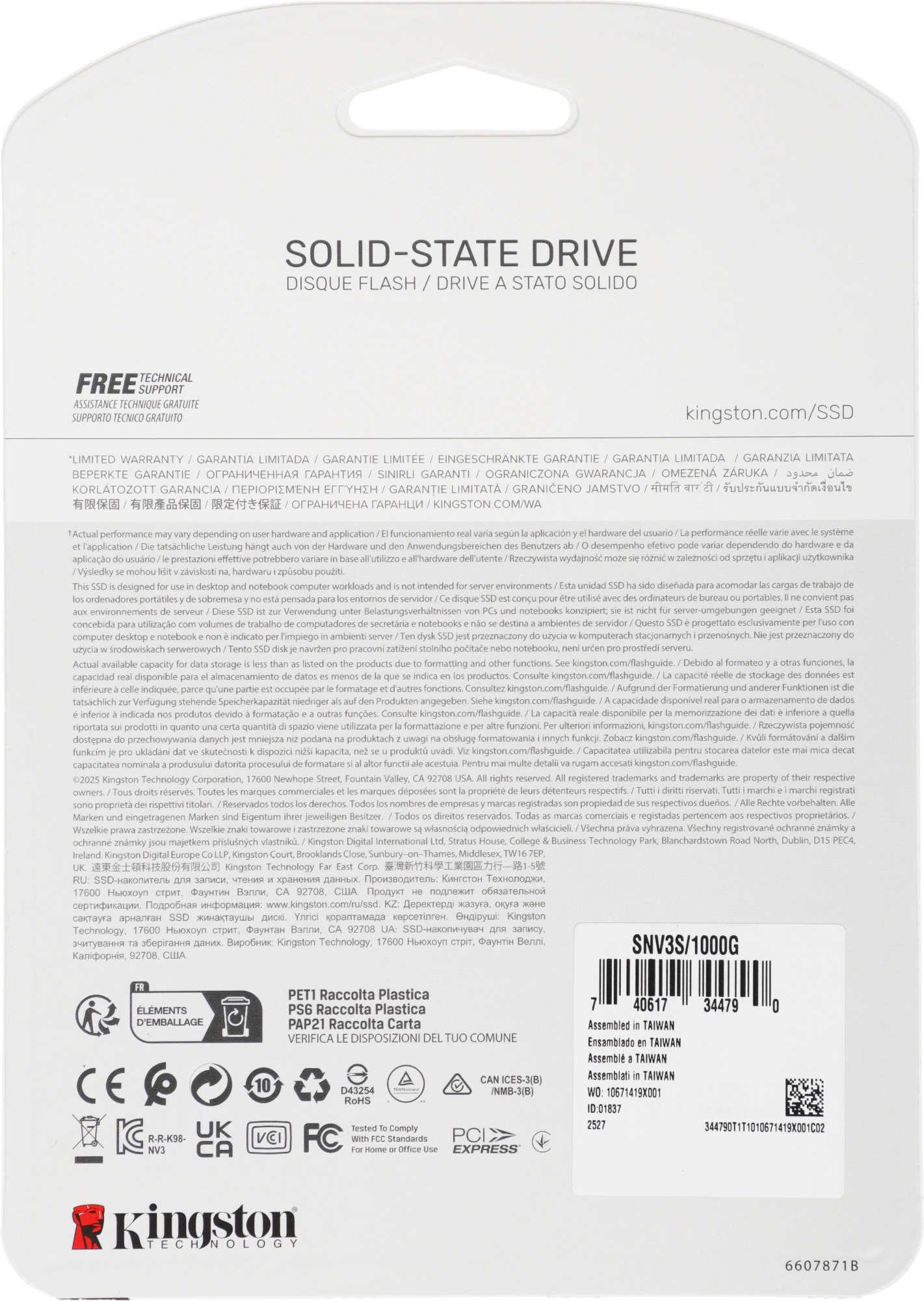 Накопитель SSD Kingston PCIe 4.0 x4 1TB SNV3S/1000G NV3 M.2 2280