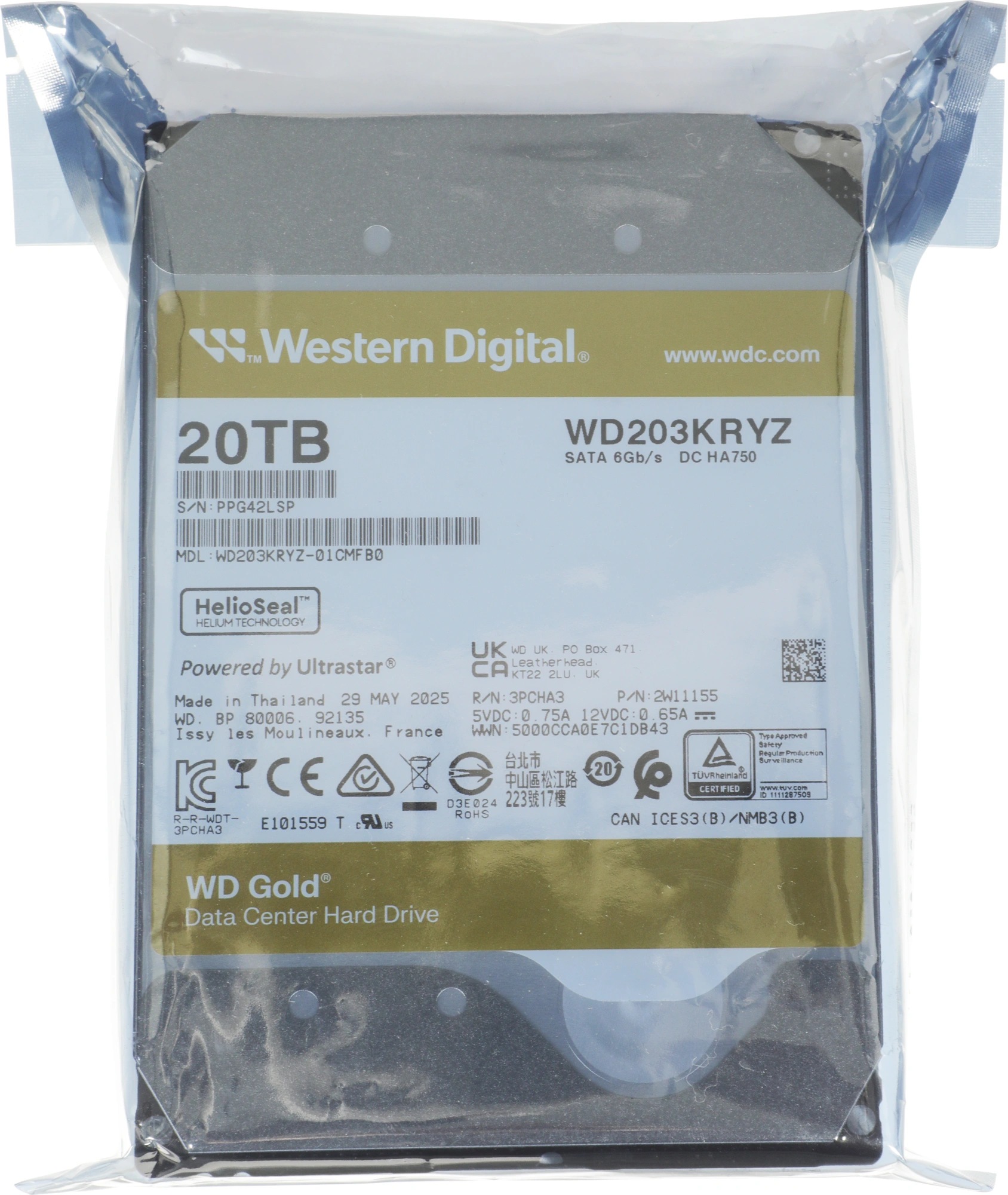 Жесткий диск WD SATA-III 20TB WD203KRYZ Server Gold 512E (7200rpm) 512Mb 3.5