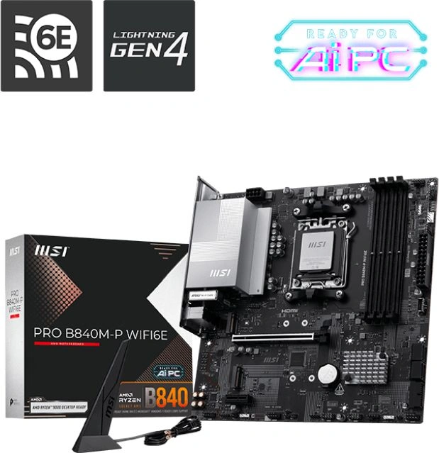 Материнская плата MSI PRO B840M-P WIFI6E Socket AM5 AMD B840 4xDDR5 ATX AC`97 8ch(7.1) 2.5Gg RAID+HDMI