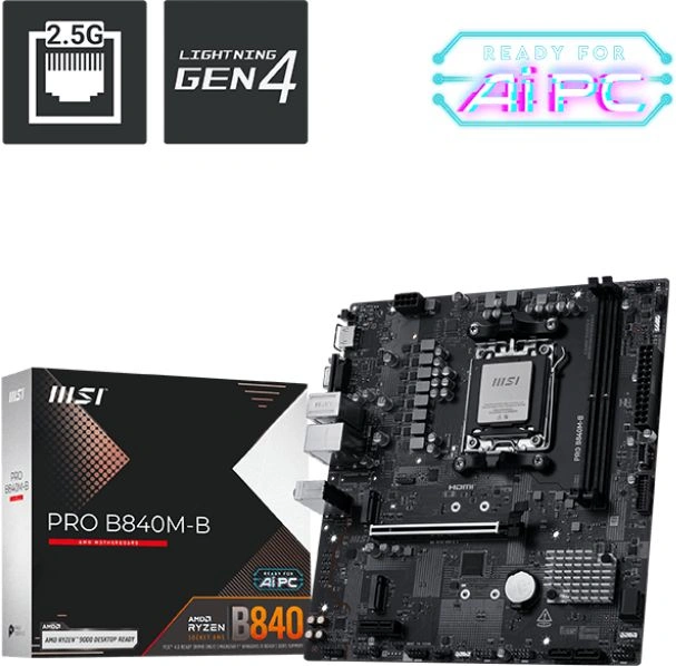Материнская плата MSI PRO B840M-B Socket AM5 AMD B840 2xDDR5 mATX AC`97 8ch(7.1) 2.5Gg RAID+VGA+HDMI