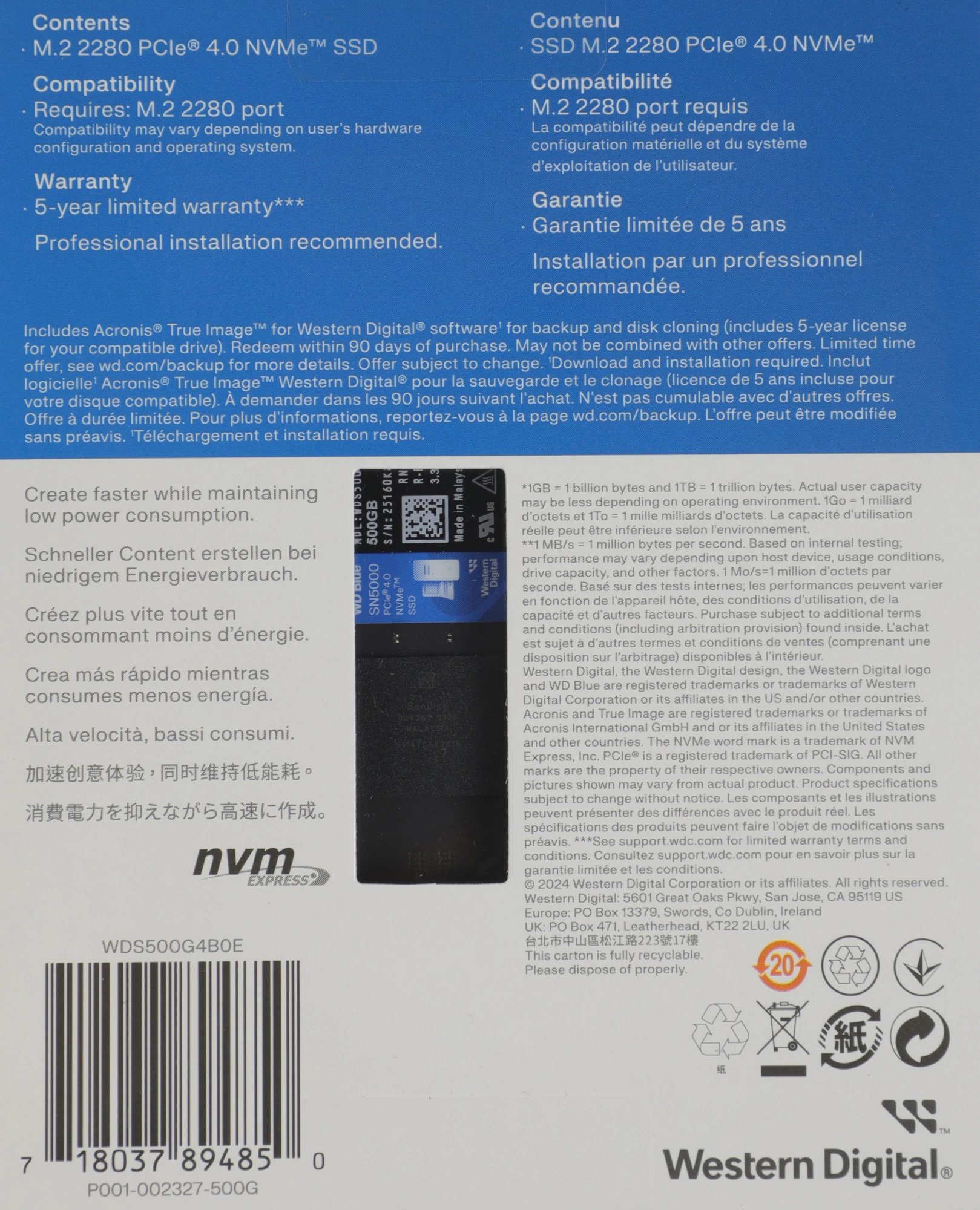 Накопитель SSD WD PCIe 4.0 x4 500GB WDS500G4B0E SN5000 Blue M.2 2280