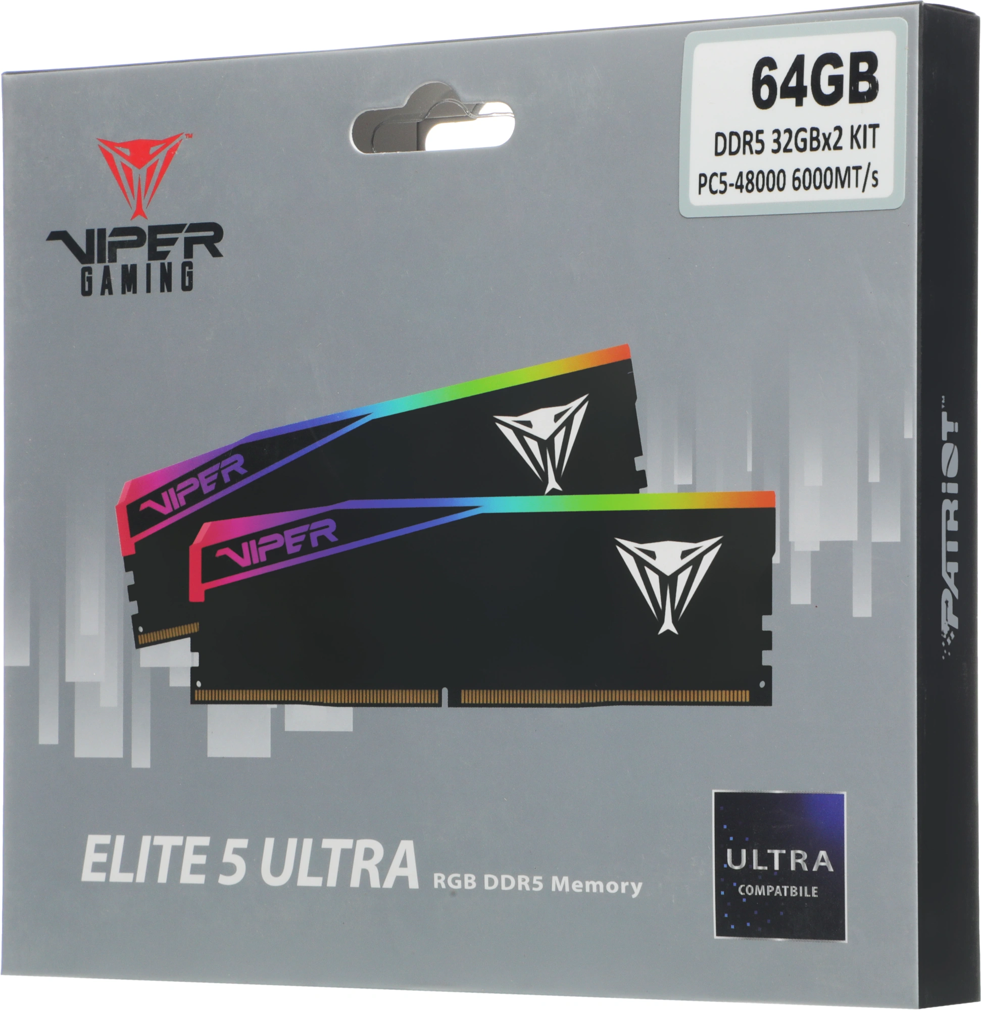 Память DDR5 2x32GB 6000MHz Patriot VEUR564G6028K Viper Elite 5 Ultra RGB RTL Gaming PC5-48000 CL28 DIMM 288-pin 1.4В kit single rank с радиатором Ret