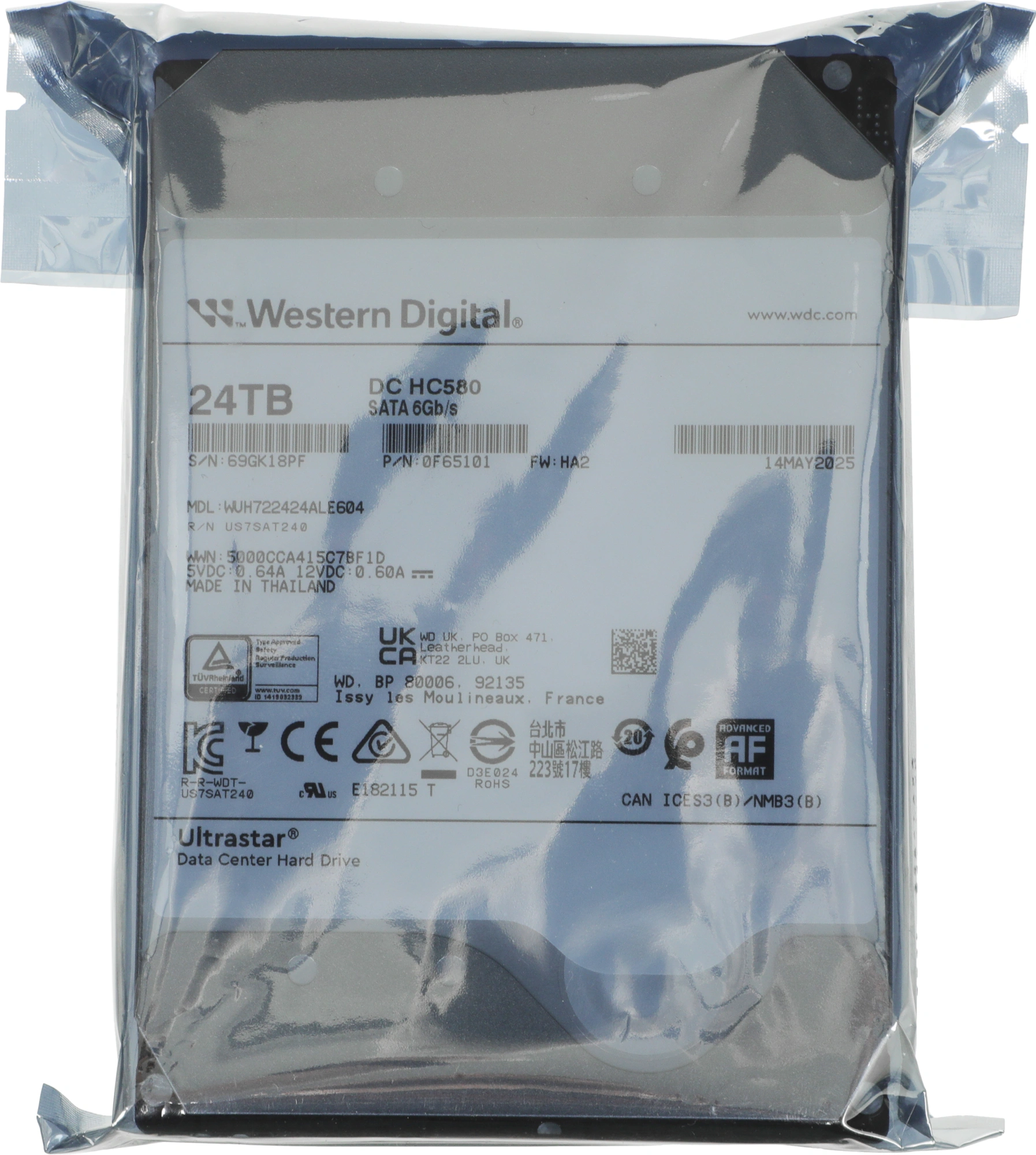 Жесткий диск WD SATA-III 24TB 0F65101/0F62821/0F62819 WUH722424ALE604 Server Ultrastar DC HC580 (7200rpm) 512Mb 3.5