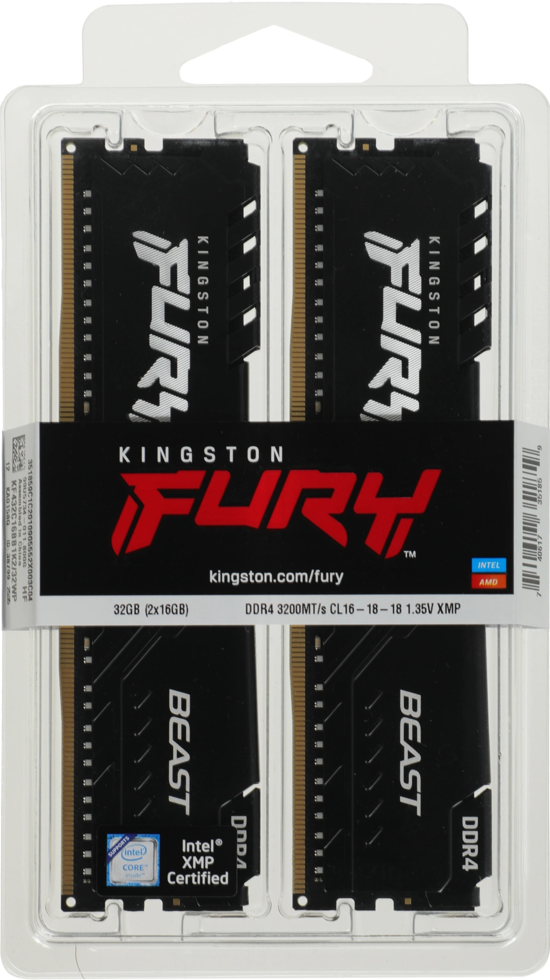 Память DDR4 2x16GB 3200MHz Kingston KF432C16BB1K2/32WP Fury Beast Black RTL Gaming PC4-25600 CL16 DIMM 288-pin 1.35В dual rank с радиатором Ret