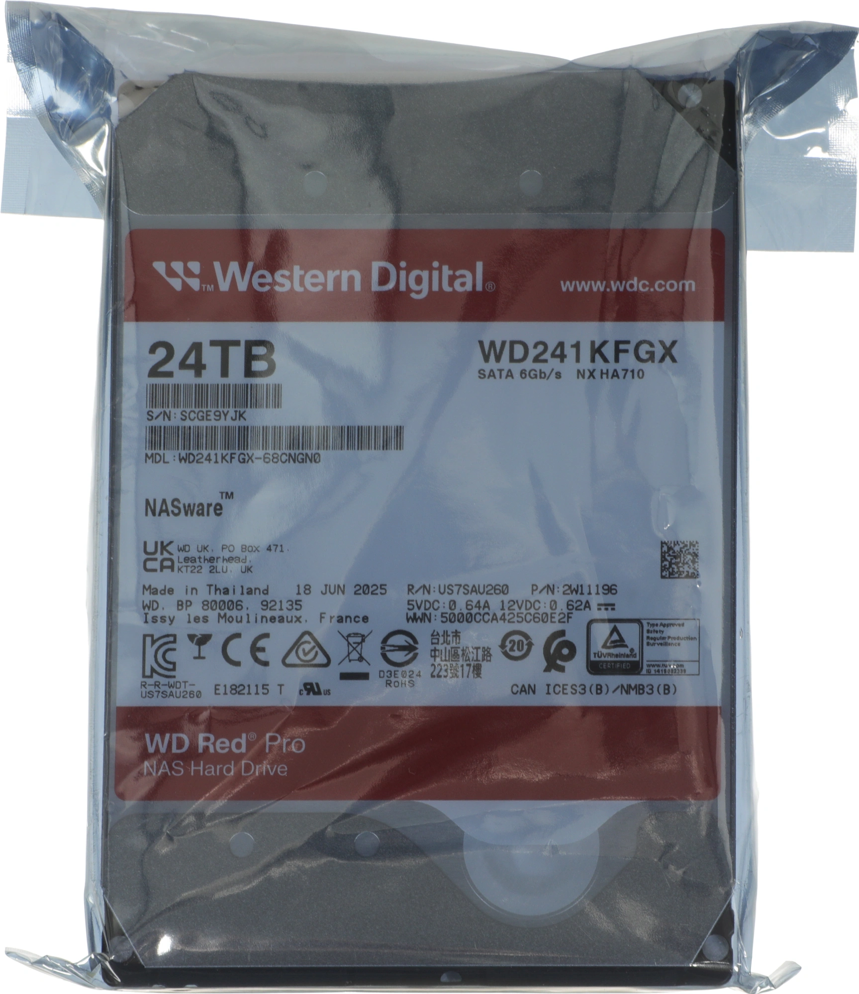 Жесткий диск WD SATA-III 24TB WD241KFGX NAS Red Pro (7200rpm) 512Mb 3.5