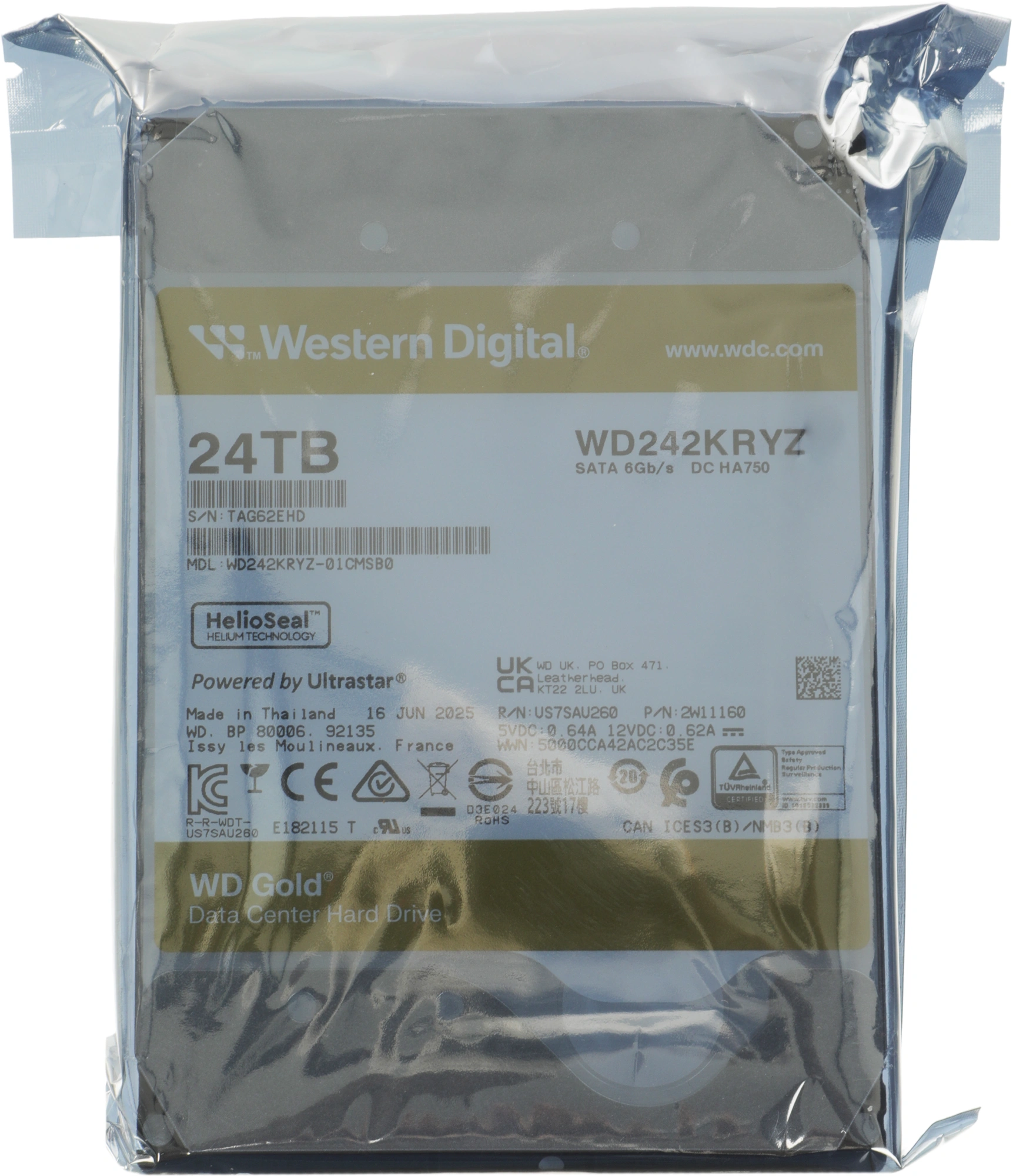 Жесткий диск WD SATA-III 24TB WD242KRYZ Server Gold 512E (7200rpm) 512Mb 3.5