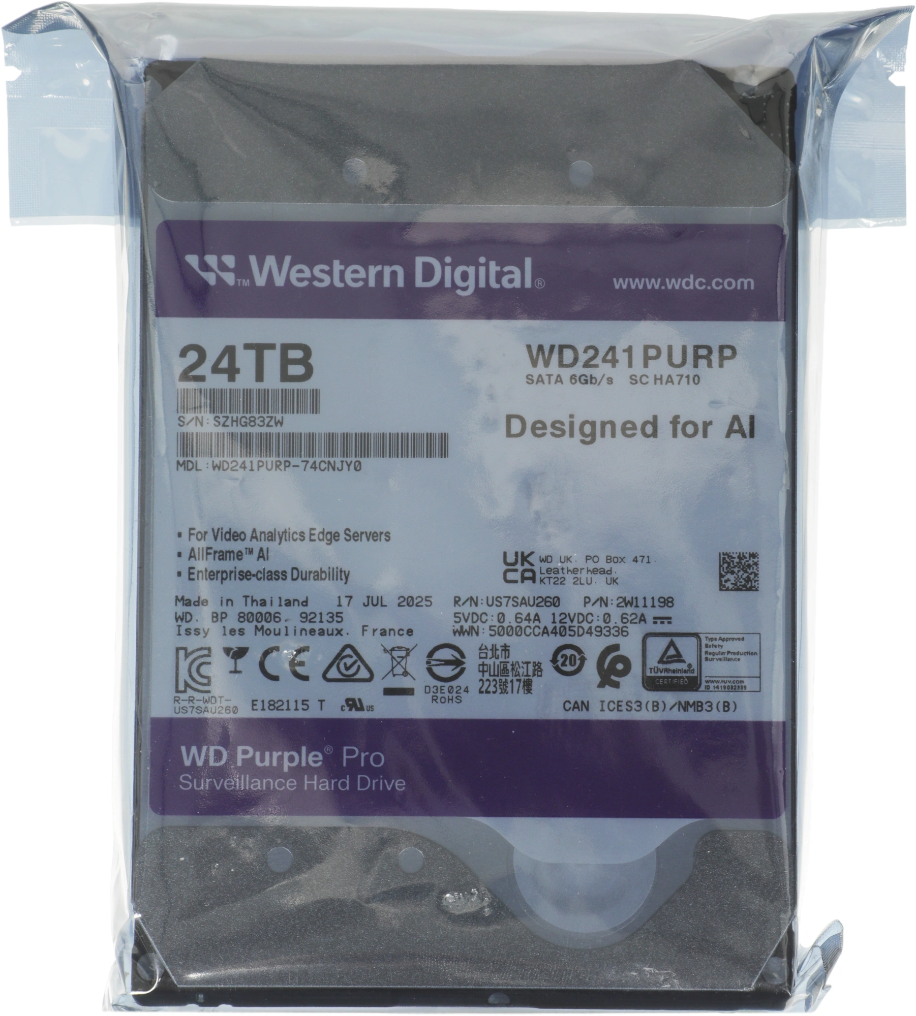 Жесткий диск WD SATA-III 24TB WD241PURP Surveillance Purple Pro (7200rpm) 512Mb 3.5