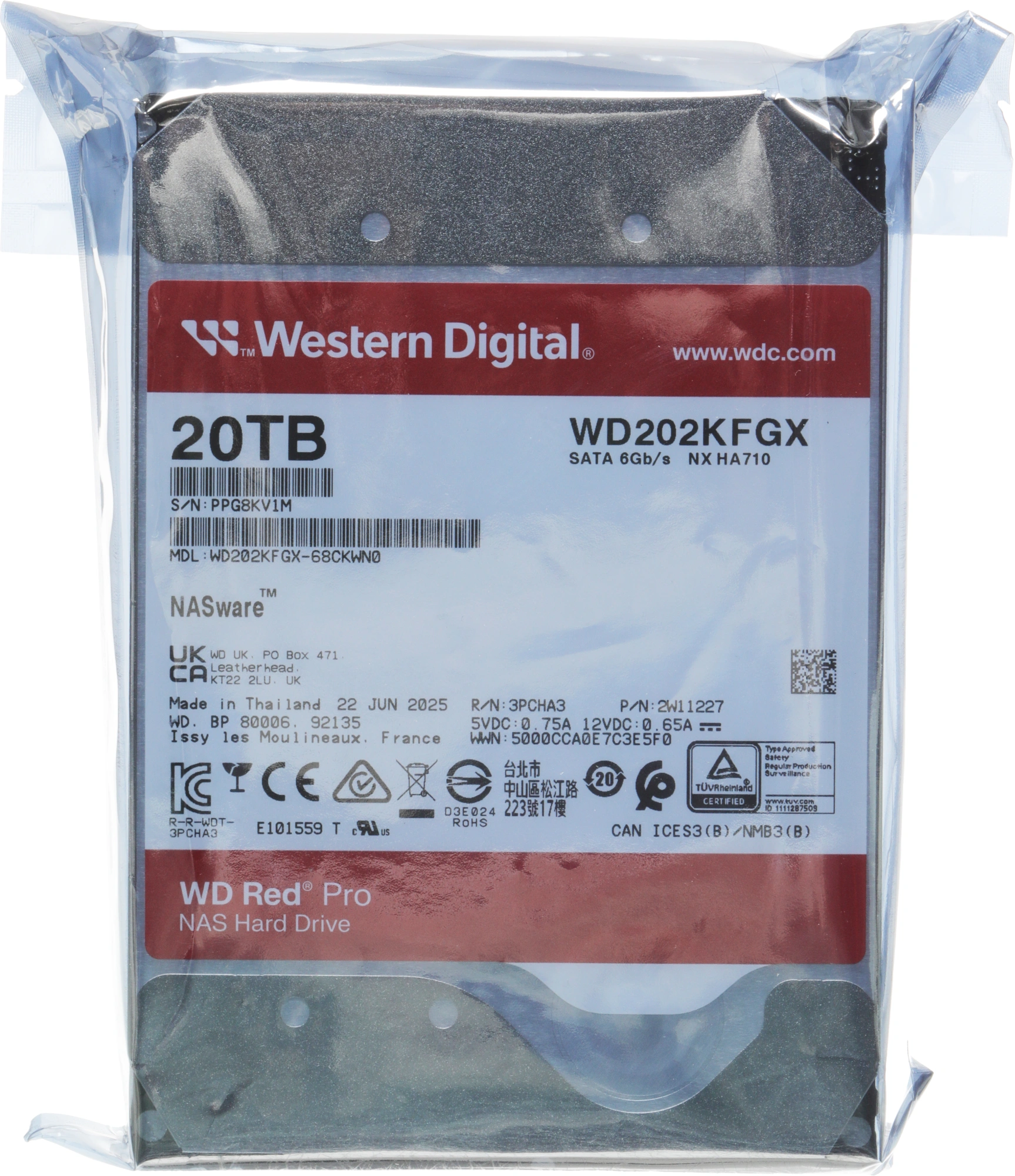 Жесткий диск WD SATA-III 20TB WD202KFGX NAS Red Pro (7200rpm) 512Mb 3.5