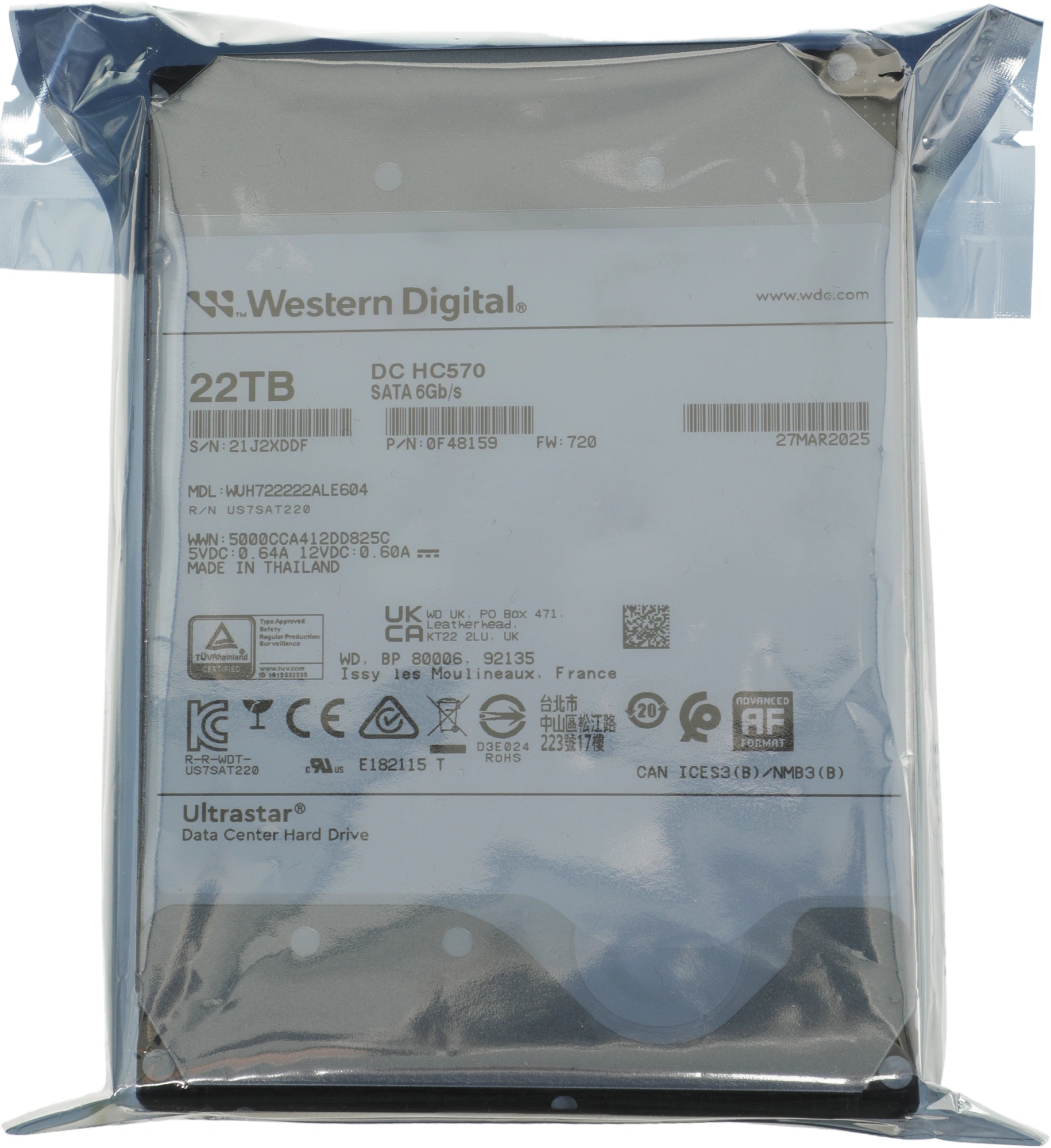 Жесткий диск WD SATA-III 22TB 0F48159 WUH722222ALE604 Server Ultrastar DC HC570 512E (7200rpm) 512Mb 3.5