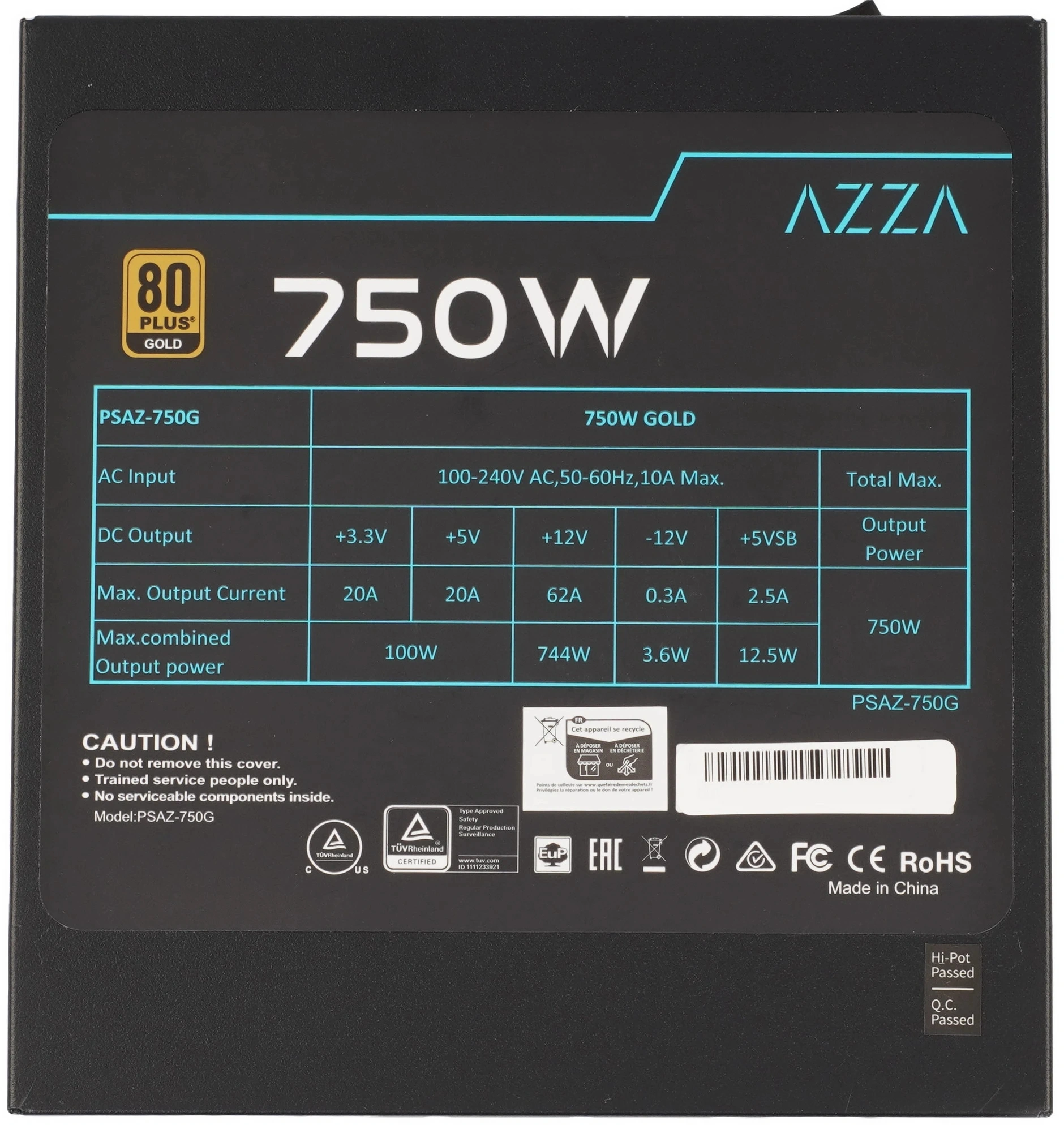 Блок питания Azza ATX 750W PSAZ-750G Gen.5 80+ gold (20+4pin) APFC 120mm fan 6xSATA Cab Manag RTL